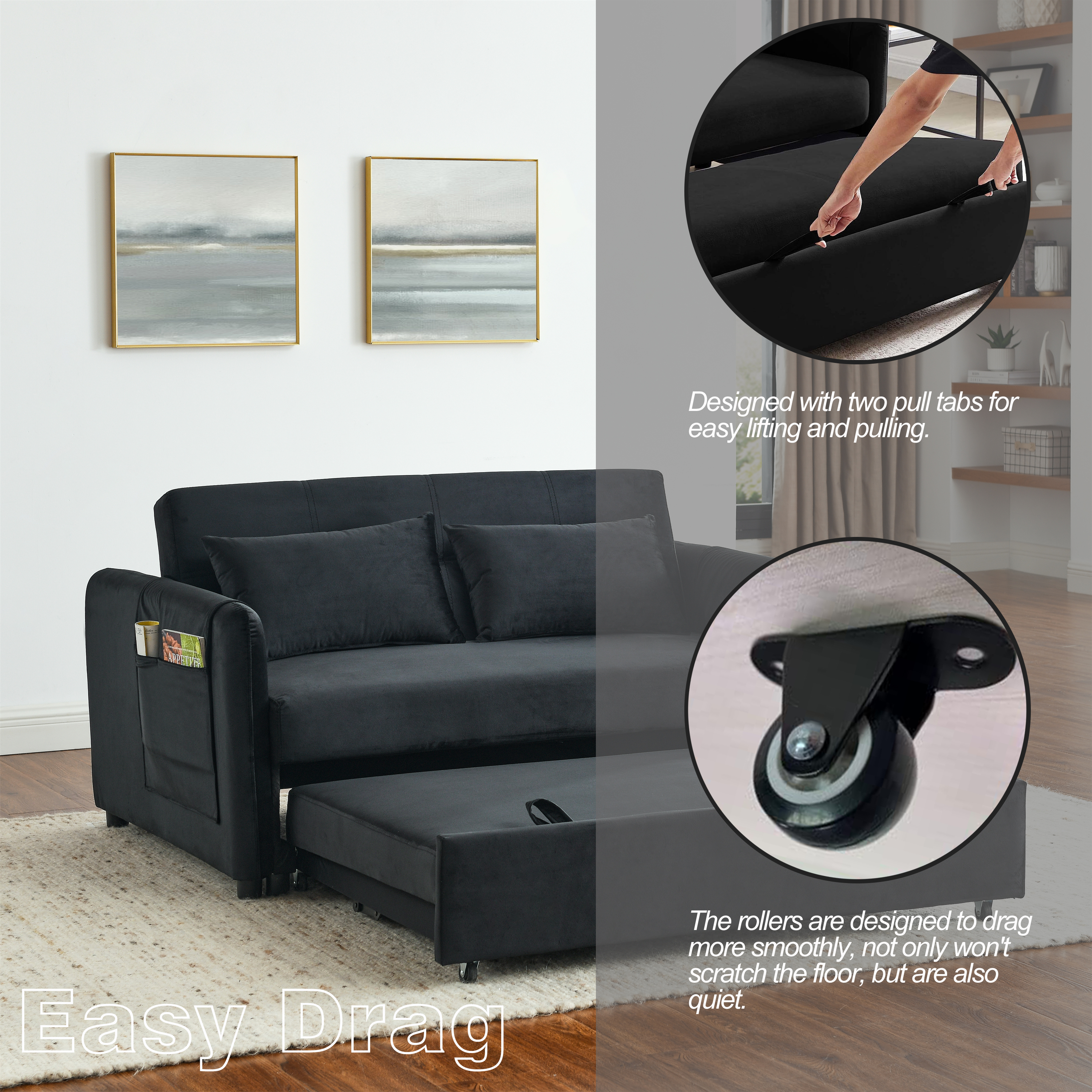 Momspeace Sleeper Sofa Bed Convertible&nbsp;Pull Out Bed with Adjustable Backrest Soft Velvet Loveseat For Living Room - Black