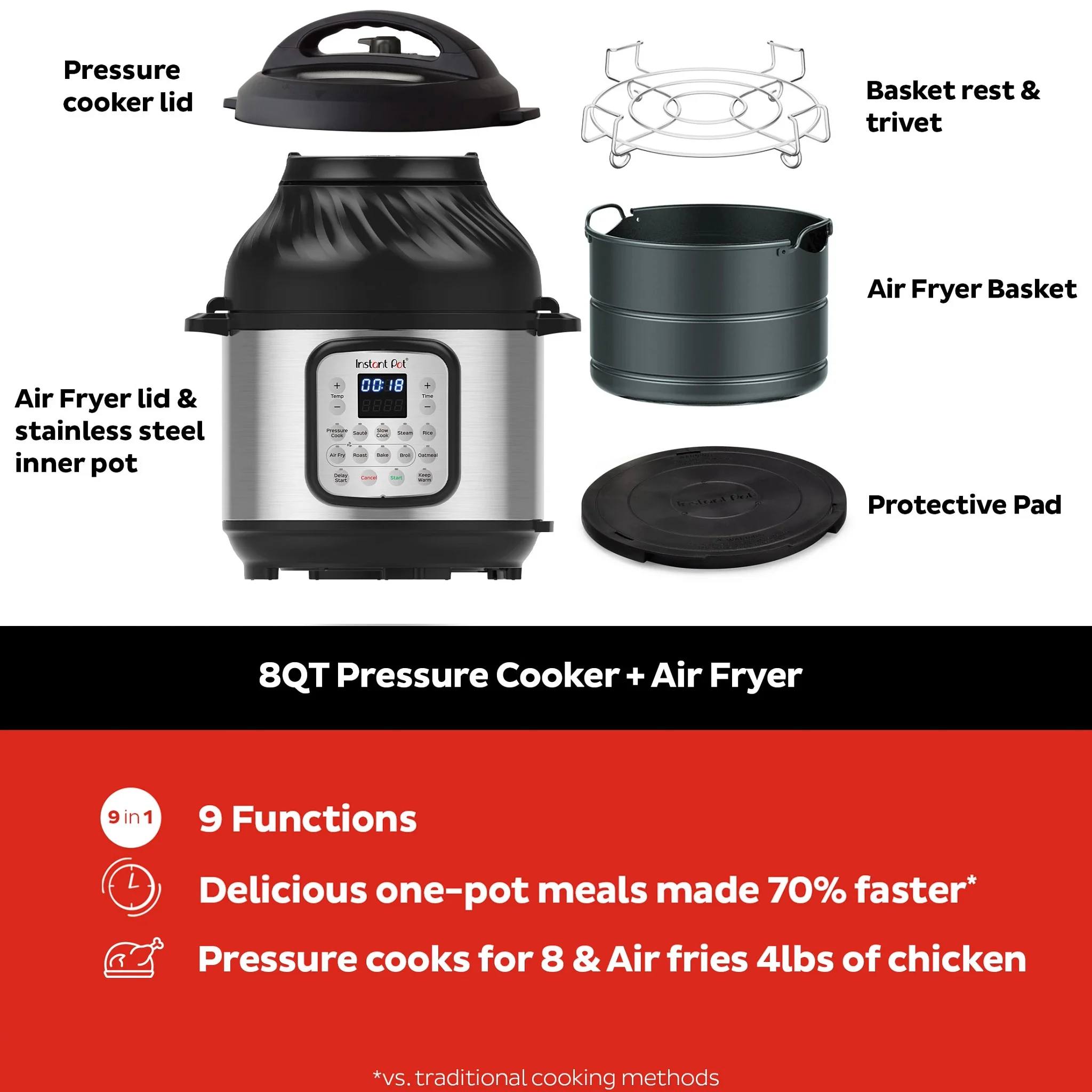 Instant Pot 8 Quart Crisp Multi-Cooker + Air Fryer, 9-in-1: Pressure Cook, Steam, Slow Cook, Sauté, Air Fry, Bake, Broil, Roast, Keep Warm, Rice, Oatmeal