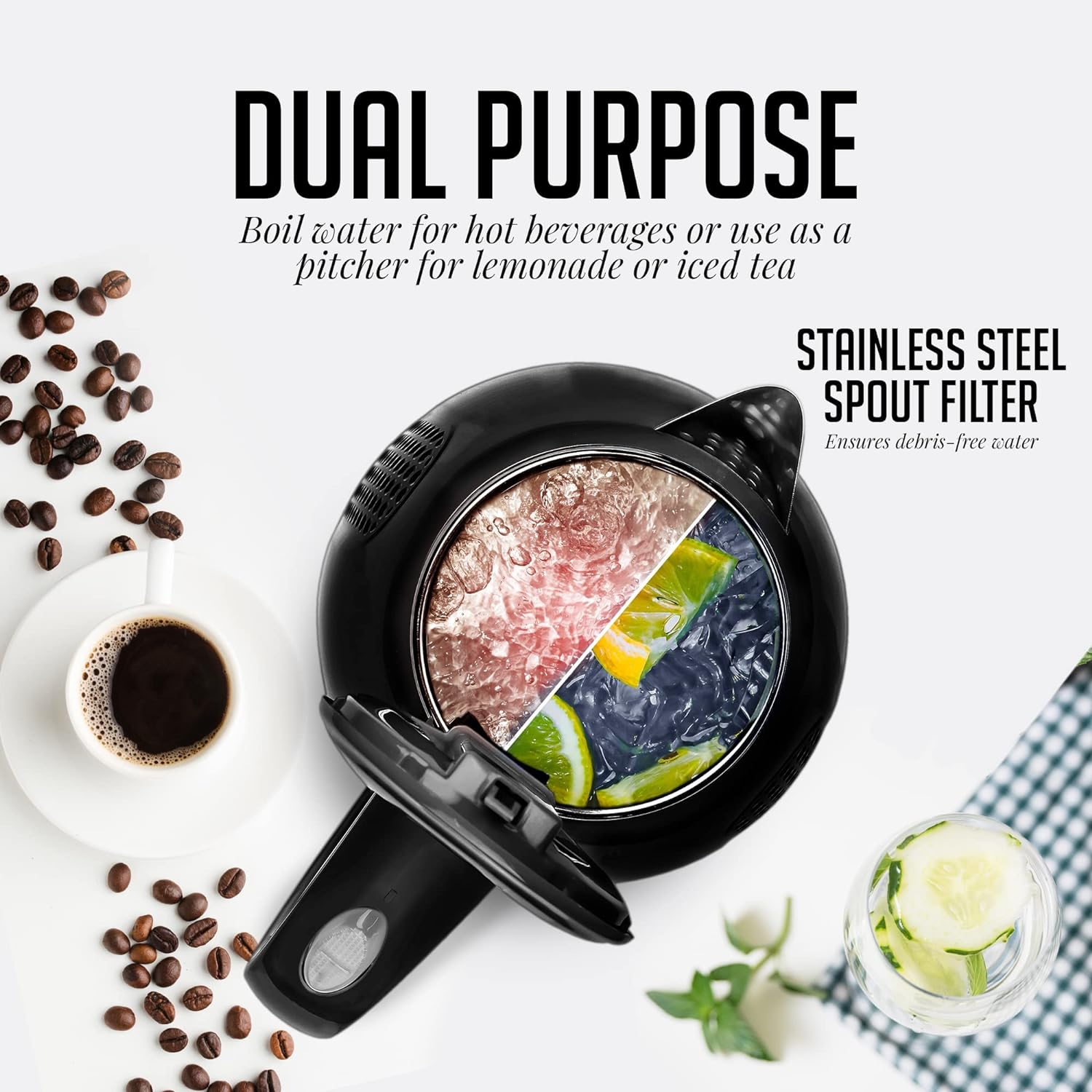 Ovente Portable Electric Kettle 1.7 Liter, Double Wall Insulated Stainless Steel BPA-Free Countertop Tea Maker Hot Water Boiler with Fast Heating Element Auto Shut-Off Boil Dry Protection, Black KD64B