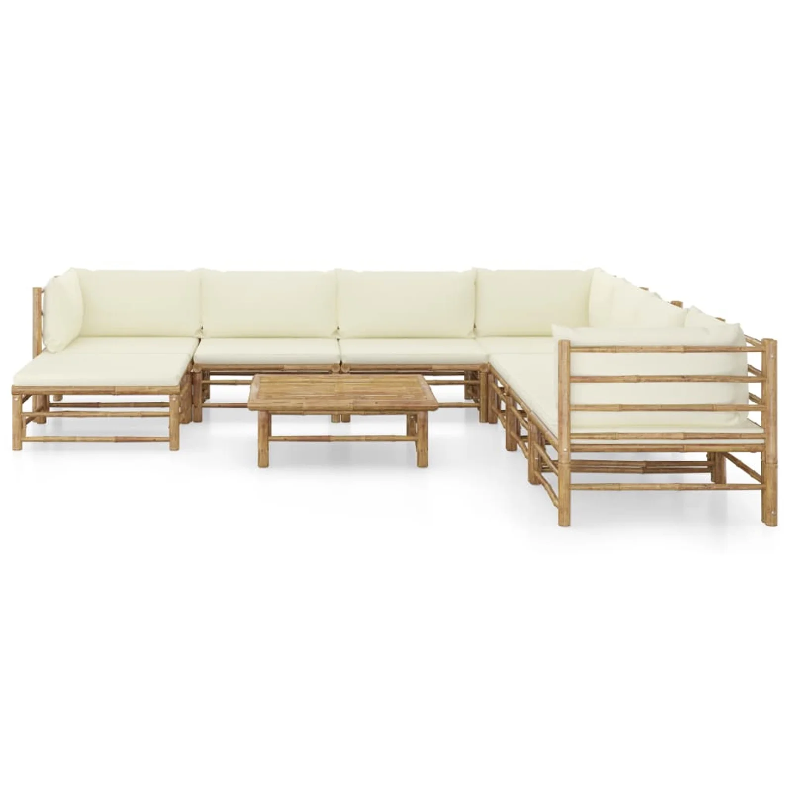 moobody 9 Piece Outdoor Conversation Set White Cushioned 3 Corner and 4 Middle Sofa with Table Stool Bamboo Sectional Garden Sofa Set for Patio, Backyard, Balcony, Terrace