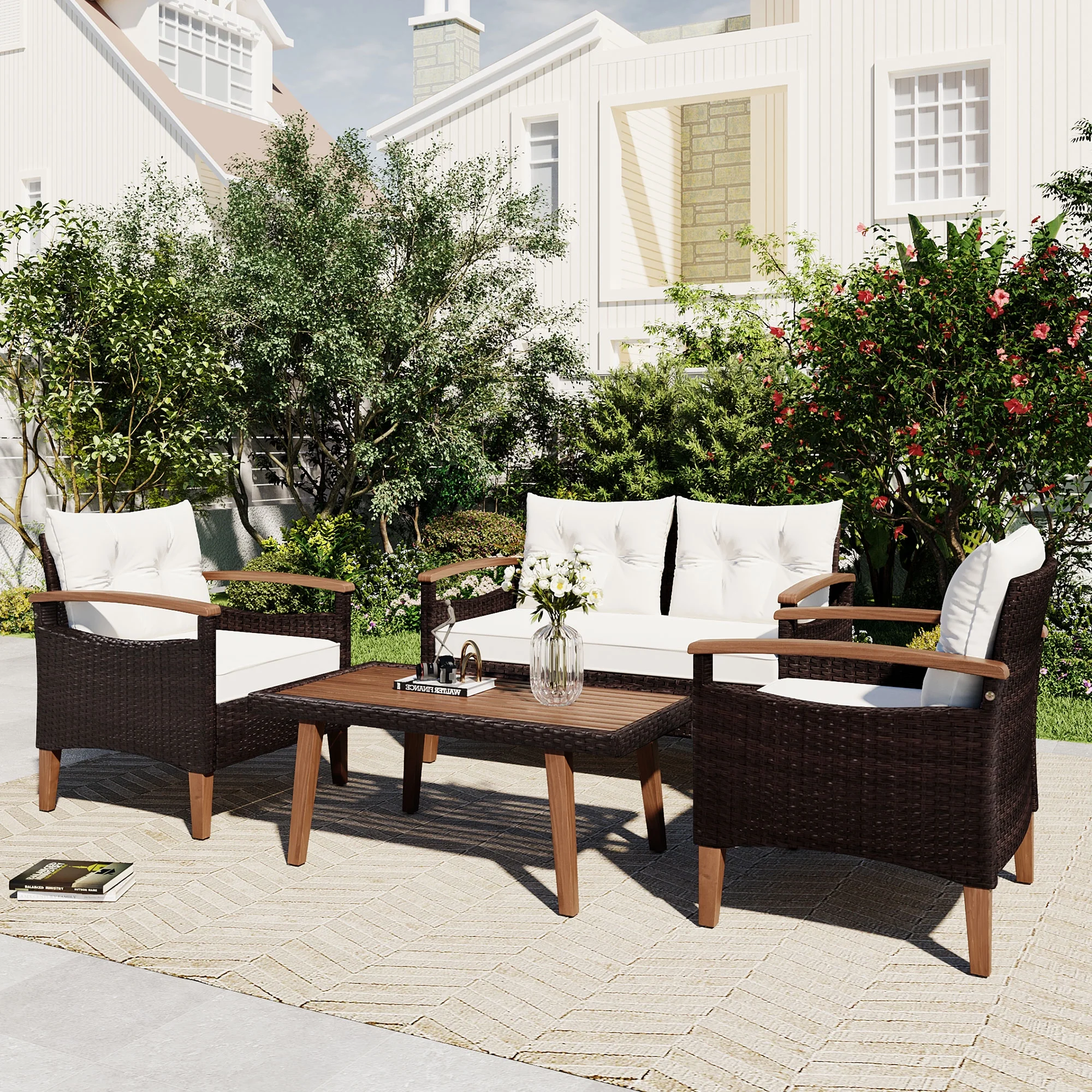Churanty Patio Conversation Set, 4-Piece Outdoor Garden Furniture Set, Patio Seating Set, PE Rattan Outdoor Sofa Set, Wood Table and Legs, Brown+Beige+Wood