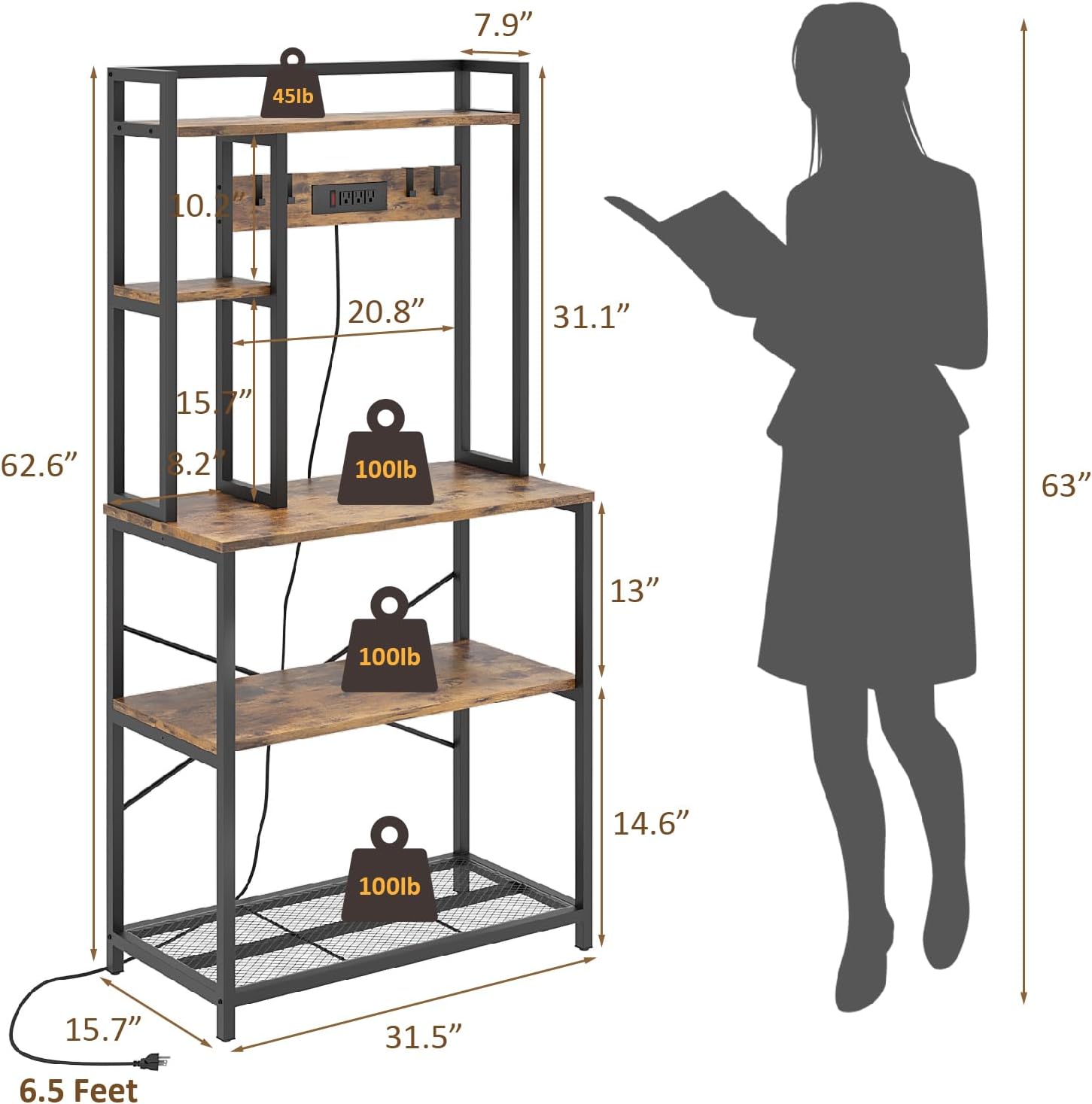 FJU 5-Tier for Kitchens with Power Outlet, 31.5 Inch Microwave Stand, Freestanding Metal Kitchen Rack with Hooks, Coffee Bar Station, Rustic Brown