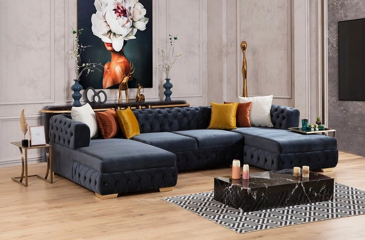 Paris Black Sectional - Charcoal Velvet Double Chaise U shaped sectional