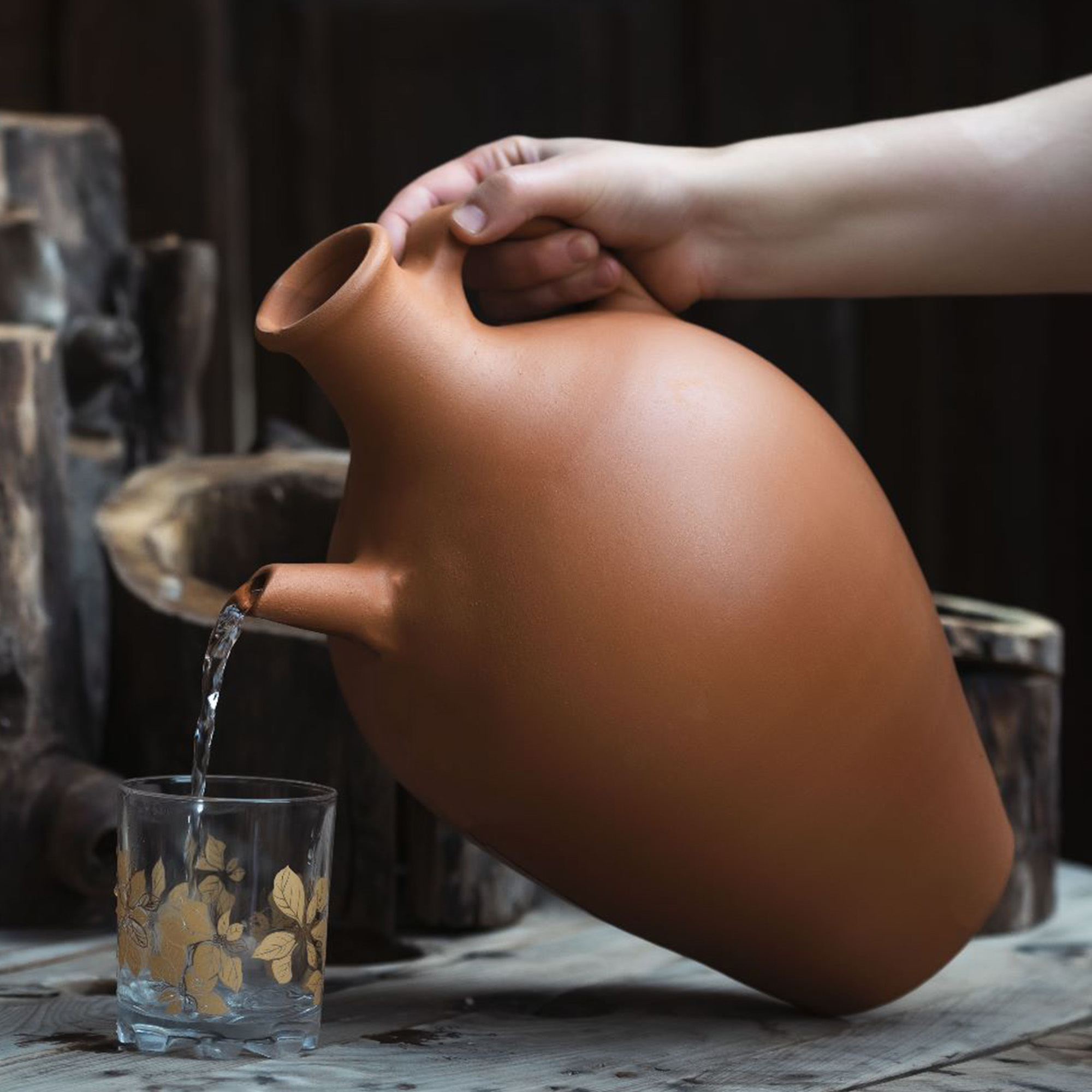 Hakan Handmade Traditional Unglazed Clay Pitcher with Spout, Natural Home Decor Vintage Terracotta Drinking Bottle, Earthenware Beverage Jar from Cappadocia, Pottery Mud Water Jug, Large
