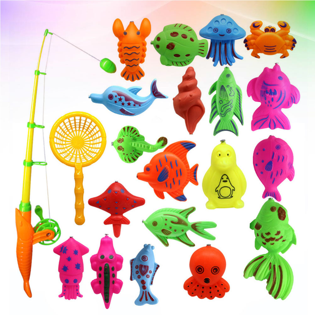 22pcs Magnetic Rod Net Fishing Toys Suit Fishing Game Set for Children Boy Girl (20pcs Fish + 1pc Rod + 1pc Net, Random Pattern and Color)