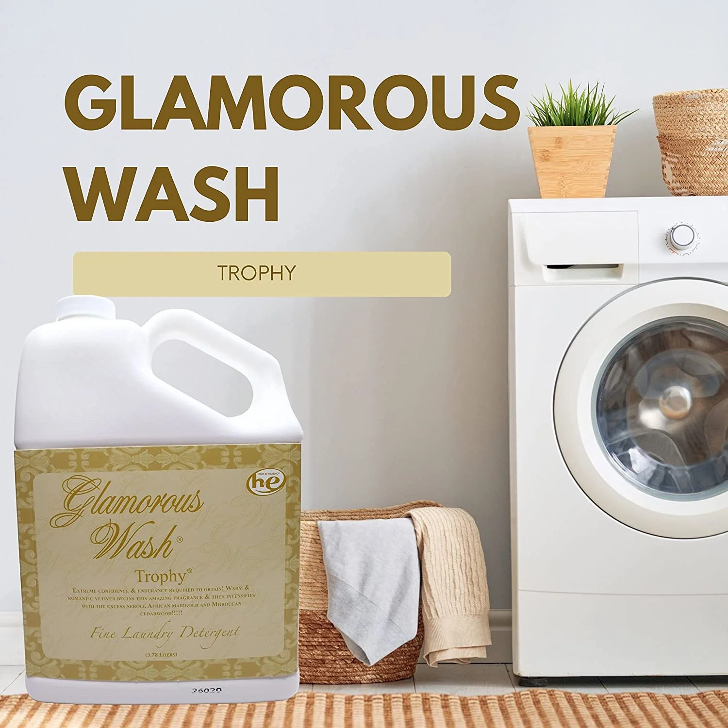 Tyler Candle Company Glamorous Wash Trophy Scent Fine Laundry Liquid Detergent - Liquid Laundry Detergent for Clothing - Hand and Machine Washable - 3.78L 1Gal Container with Bonus Key Chain