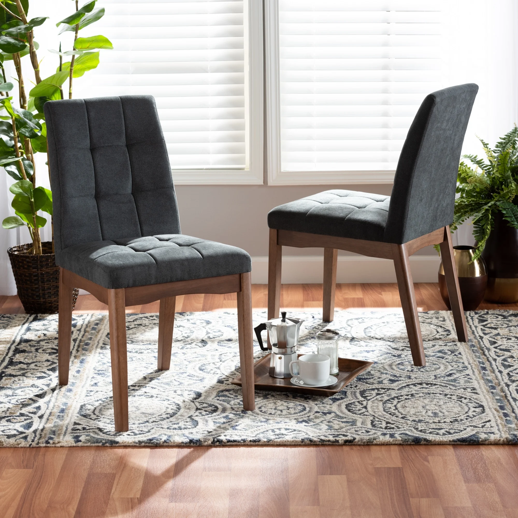 Baxton Studio Tara Mid-Century Upholstered and Walnut Finished 2-PC Dining Chair Set Grey