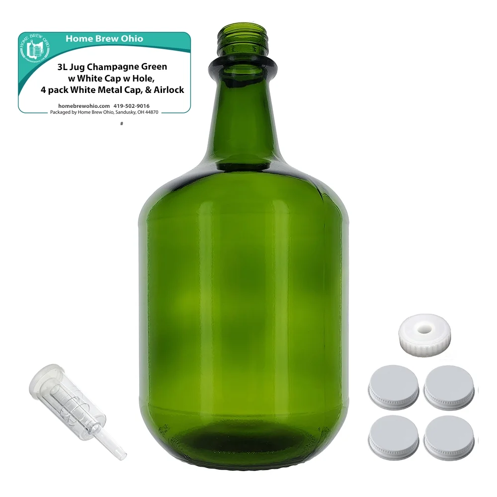 3L Jug Champagne Green - White Cap with Hole, Econo Three-Piece Airlock, and White Metal Cap Pack of Four