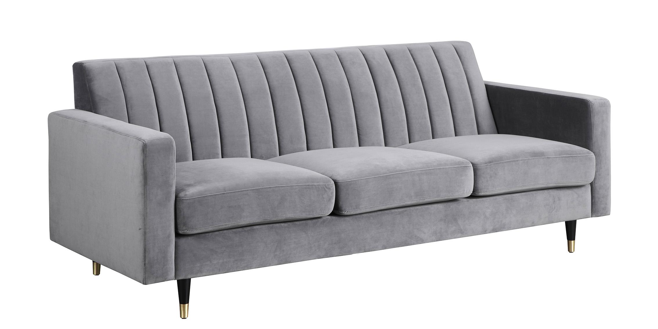 Grey Velvet Channel Tufting Sofa Set 2Pcs LOLA 619Grey Meridian Classic Modern