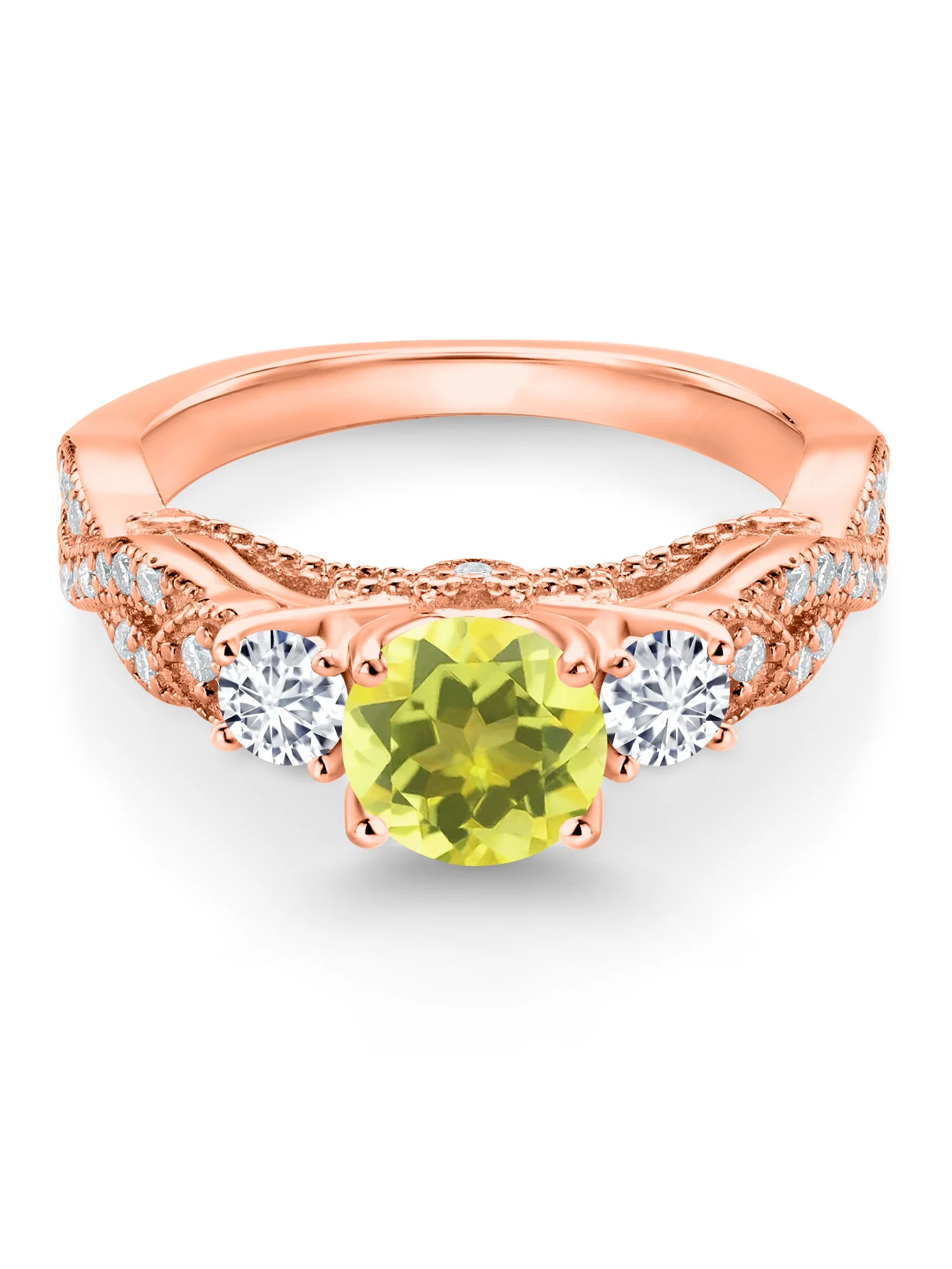 Gem Stone King 18K Rose Gold Plated Silver Canary Mystic Topaz White Diamond and White Moissanite Engagement Ring For Women (1.47 Cttw, Gemstone, Round 6MM and 3MM)