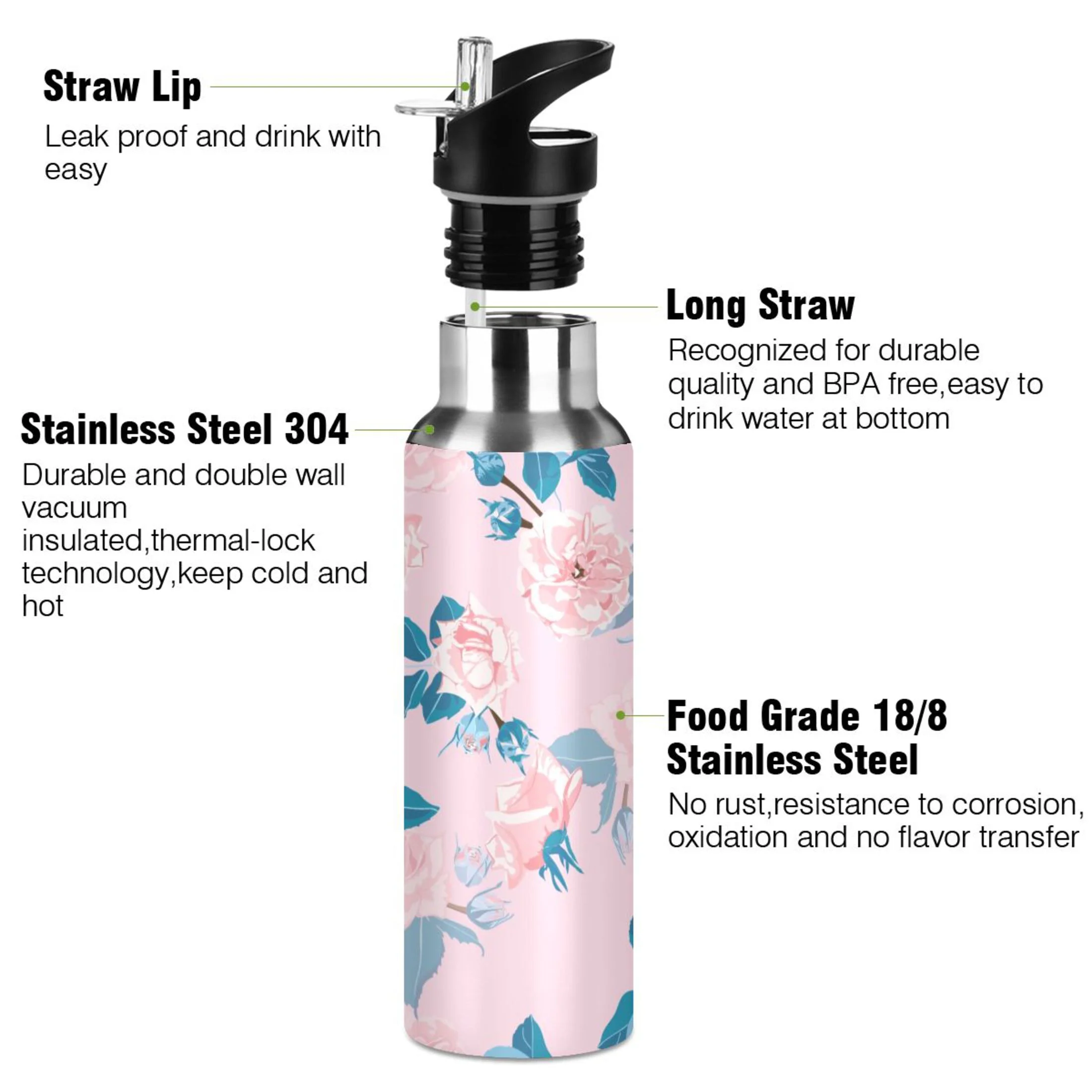 Water Bottle with Straw Lid Leak Pink Roses Flower with Blue Stainless Steel Insulated Thermos Vacuum Flask for Cold Hot Drinking for Sports Camping Gym Yoga