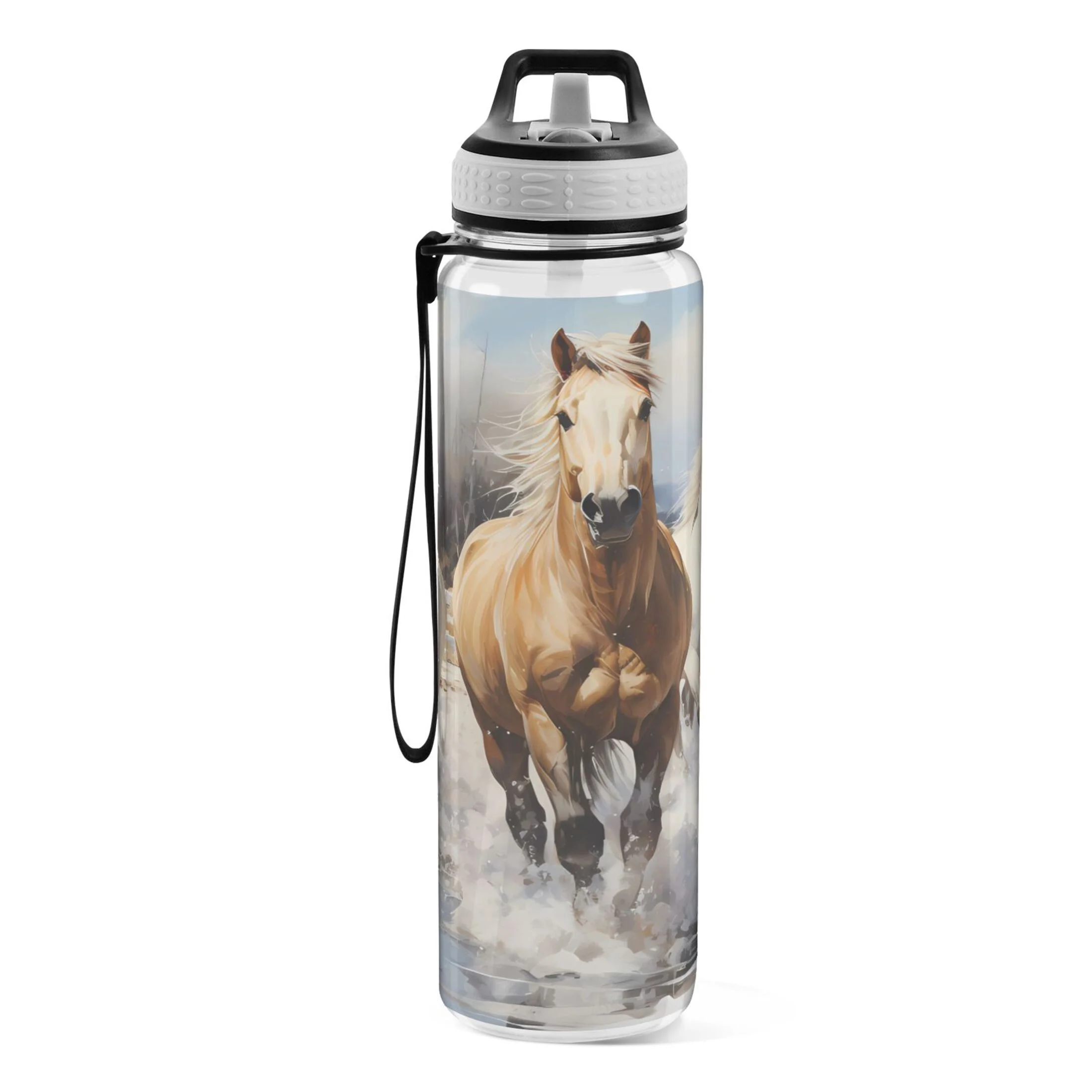 Horses in Winter 32oz Water Bottles with Straw Tritan Leakproof Sports Bottle BPA Free Clear for Fitness Gym Swimming Cycling