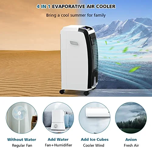 GOFLAME Evaporative Air Cooler, Portable Air Cooler with Remote Control, 3 Modes & Speeds, 7.5H Timer, 6.5L Large Water Tank, 2 Ice Packs, Quiet Oscillating Air Cooling Fan for Home Office Dorms