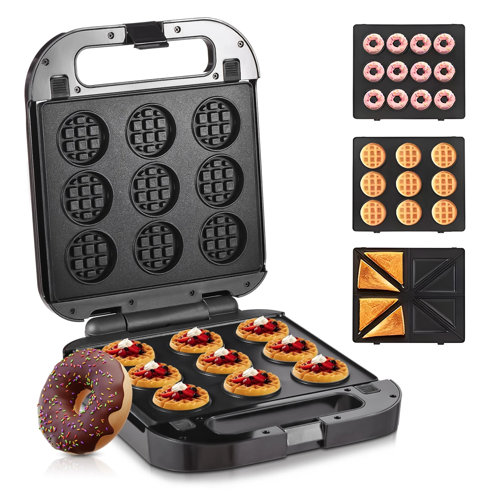 Pristin Electric toaster,Donut Maker 3 waffle maker Set Dessert Toaster 3-in-1 Press Iron Maker 3 Nonstick 1400W 3-in-1 Press 3 Nonstick Plates Press Iron Set Iron Set Dessert maker removable plates
