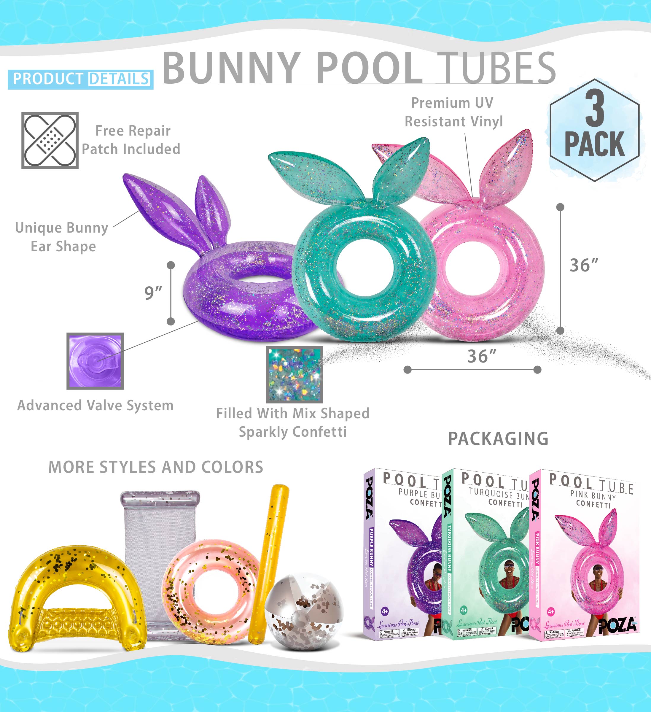 POZA Inflatable Bunny Pool Float Tubes Bundle Set Of Purple, Pink, and Turquoise - Premium Luxurious Fun Lounger Filled with Sparkle Confetti, Cool Bunny Swimming Rings for Beach & Pool - 3 Pack