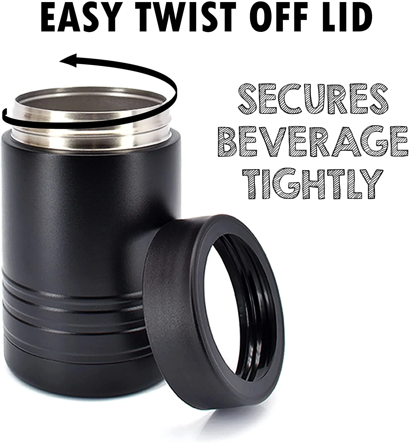 Clear Water Home Goods 4-in-1 Stainless Steel 12 oz Double Wall Vacuum Insulated Can or Bottle Cooler Keeps Beverage Cold for Hours - Also Fits 16 oz Cans - Powder Coated Black