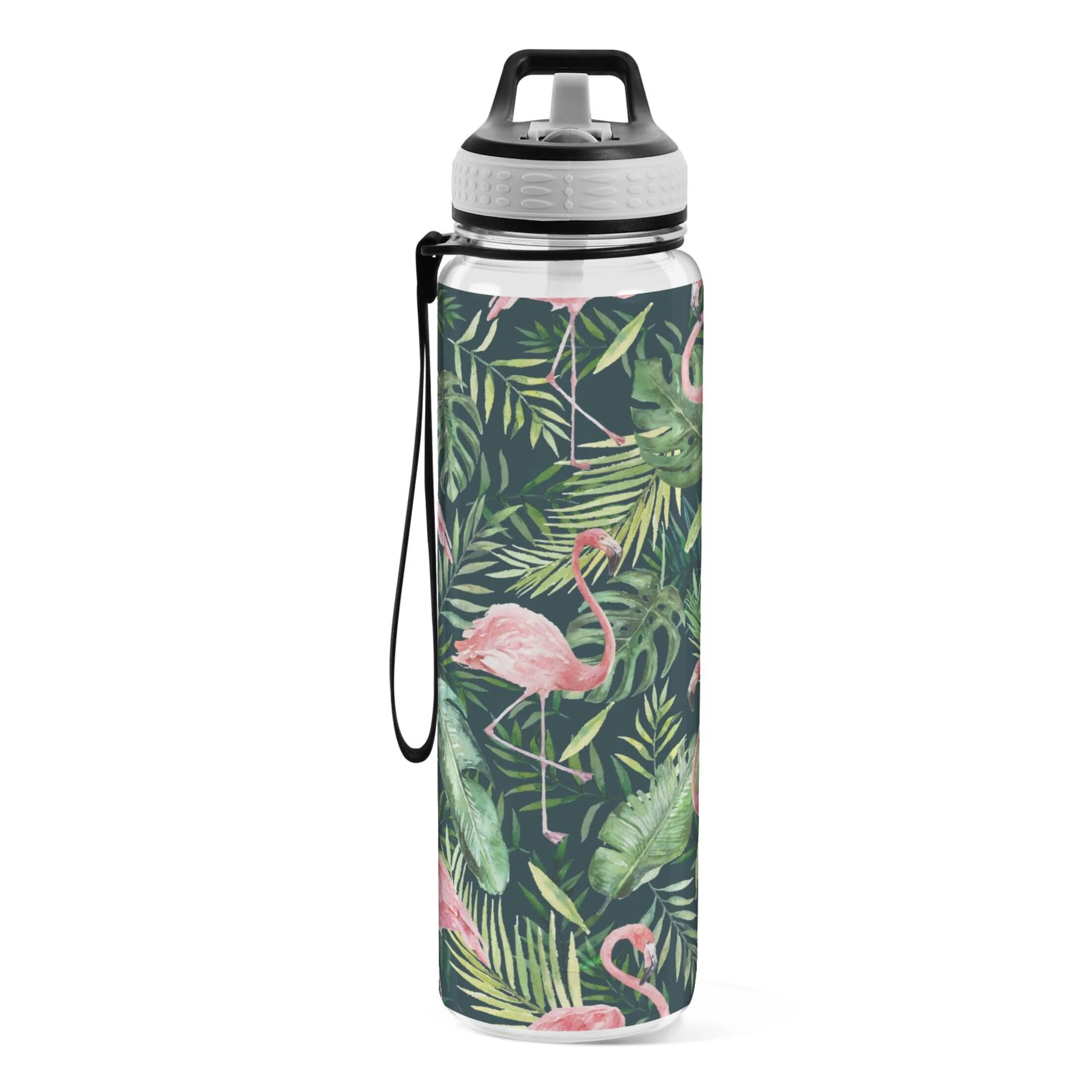 Green Palm Leaves and Flamingo 32oz Water Bottles with Straw Tritan Leakproof Sports Bottle BPA Free Clear for Fitness Gym Swimming Cycling