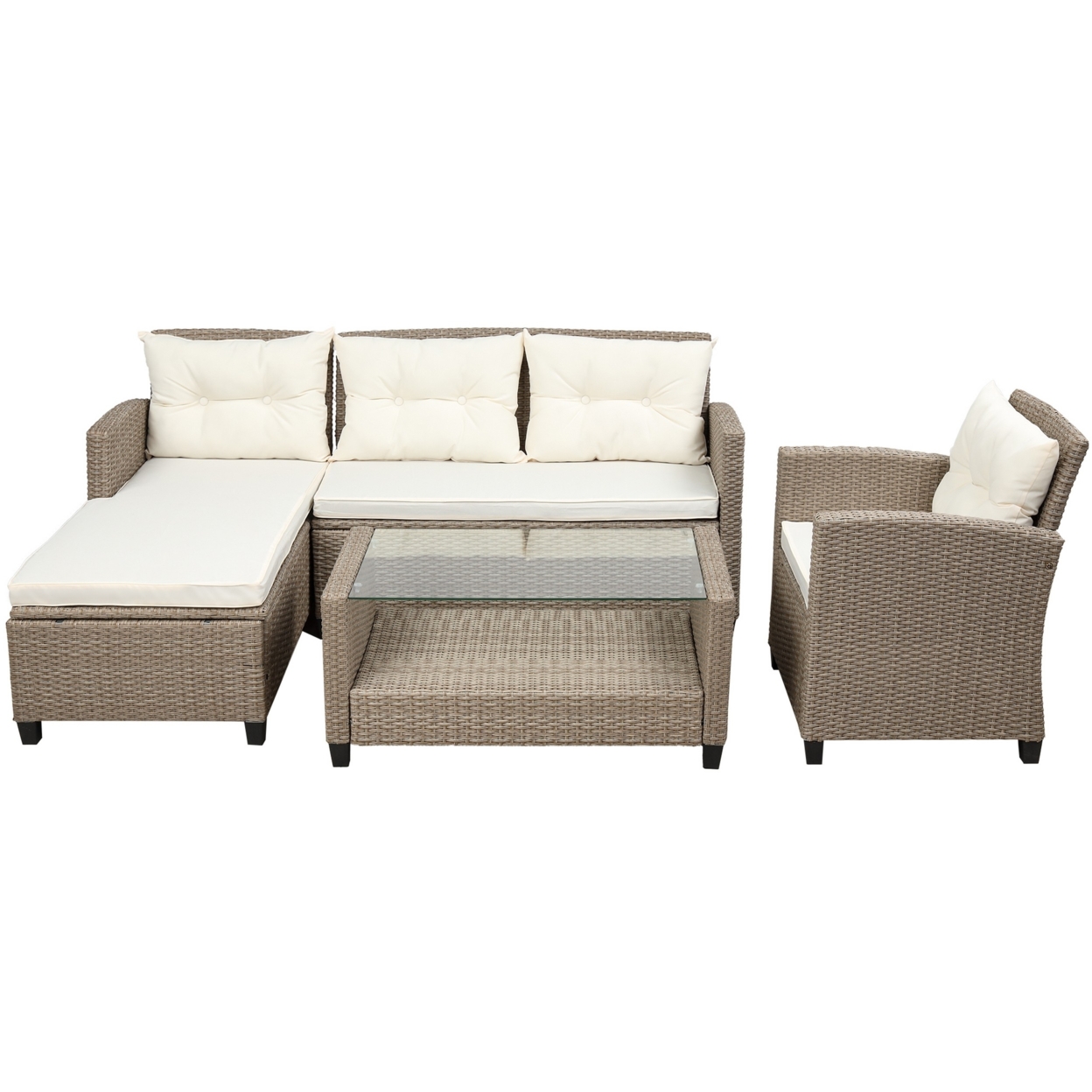 Leo 4 Piece Outdoor Sofa Conversation Set, Steel Frames and Rattan, Beige- Saltoro Sherpi