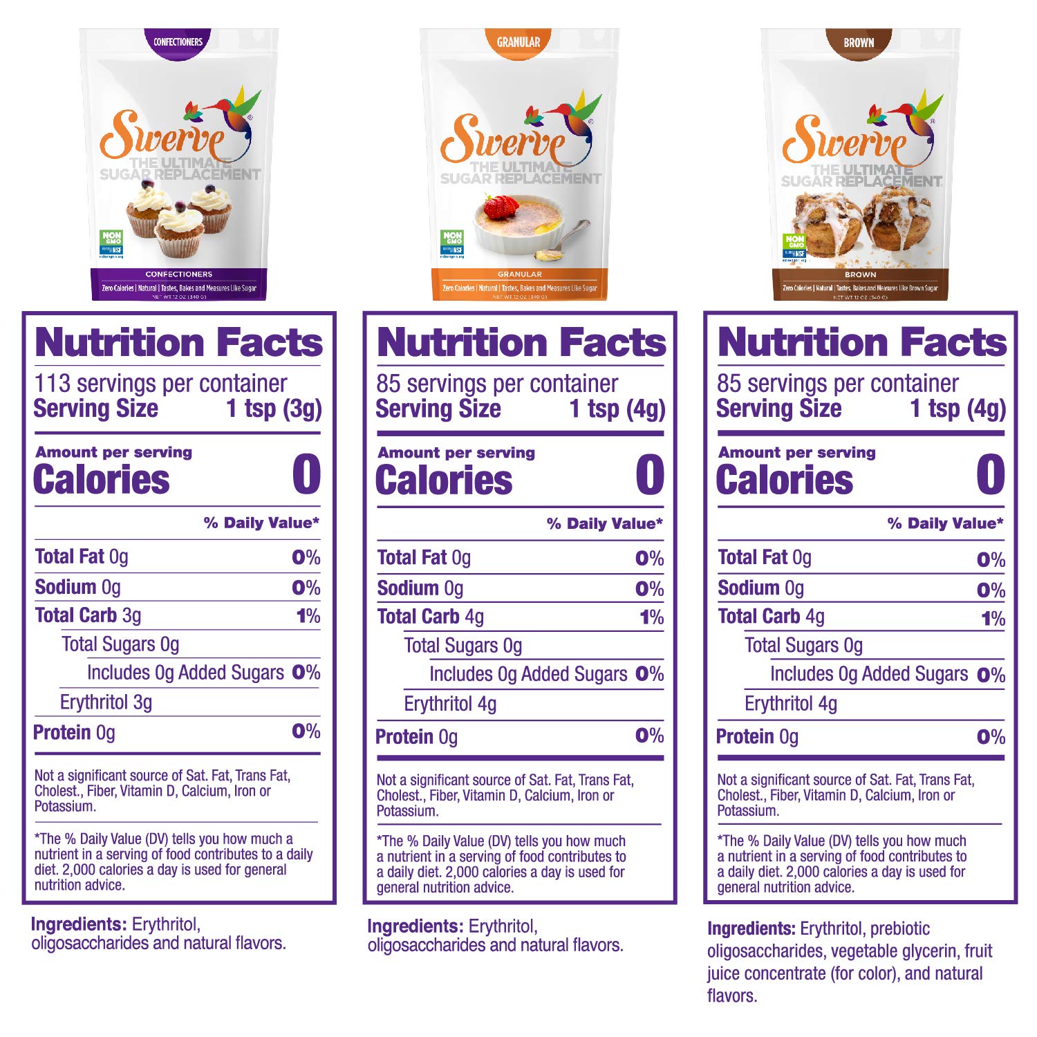 Swerve Sweetener, Bakers Trio, Granular 12 oz, Confectioners 12 oz, and Brown 12 oz, 3 pack