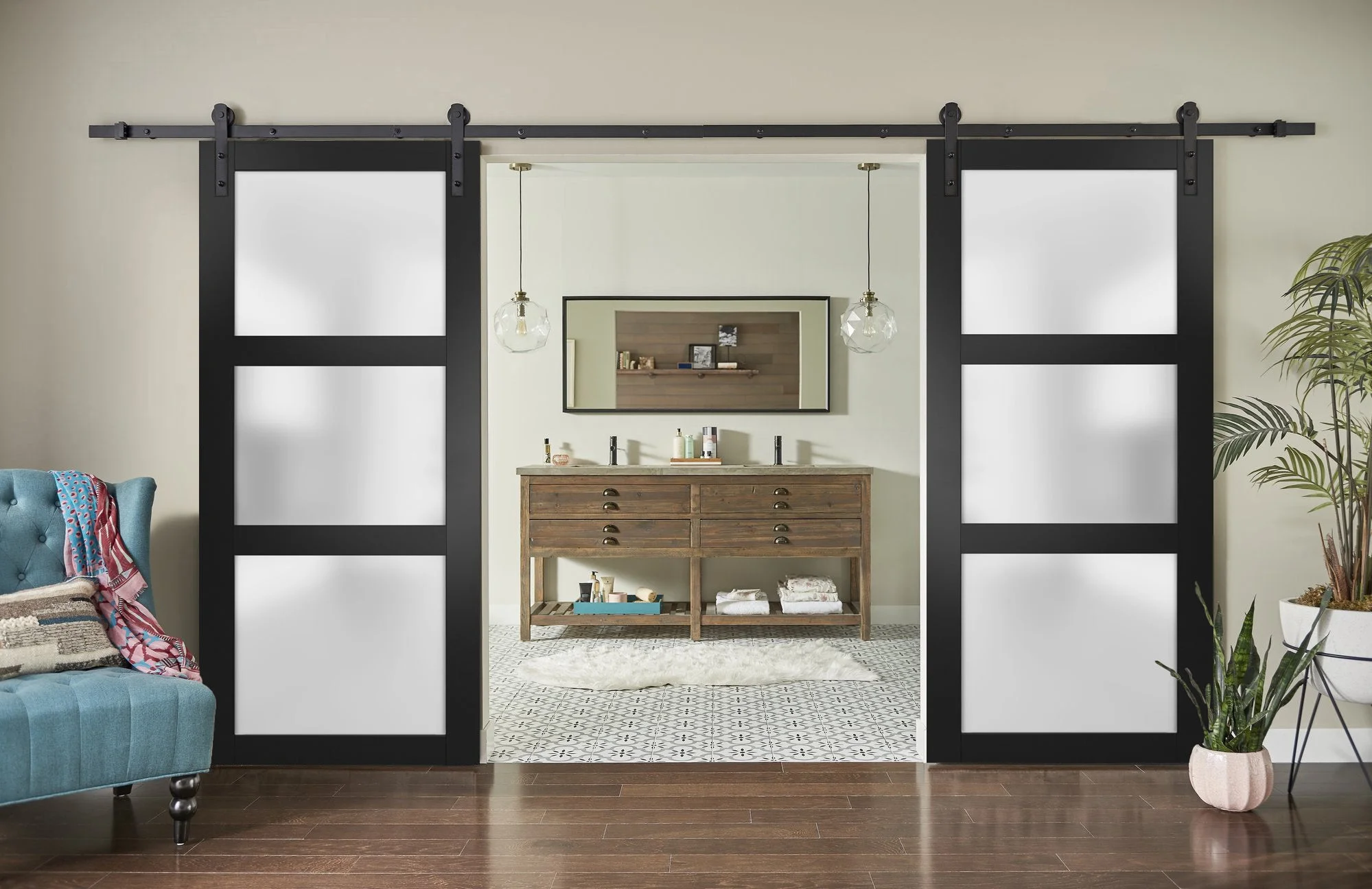 Sturdy Double Barn Door 64 x 84 inches with Frosted Glass | Lucia 2552 Matte Black | Top Mount 13FT Rail Hangers Heavy Set | Solid Panel Interior Doors