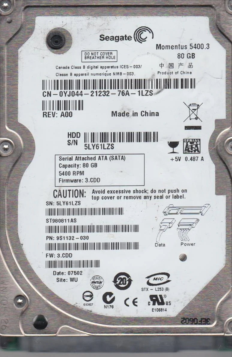 ST980811AS, 5LY, WU, PN 9S1132-030, FW 3.CDD, Seagate 80GB SATA 2.5 Hard Drive