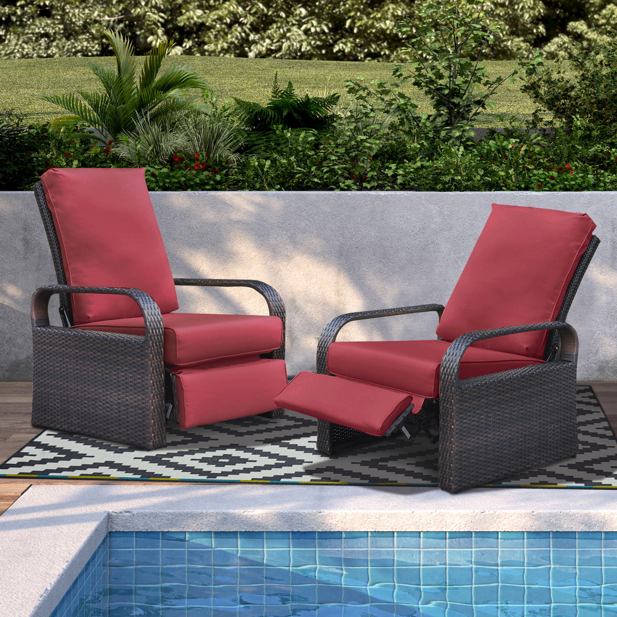 Arttoreal 3PCS Rattan Wicker Adjustable Recliner Chair with Cushion and Glass Top Side Table,Red