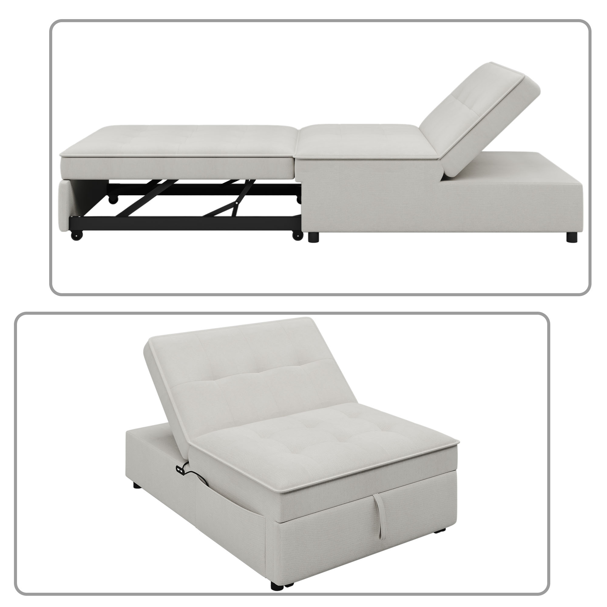 Modern Minimalist Linen Fabric Upholstered Convertible Multifunctional Chair with Charging Station and Side Pocket, White