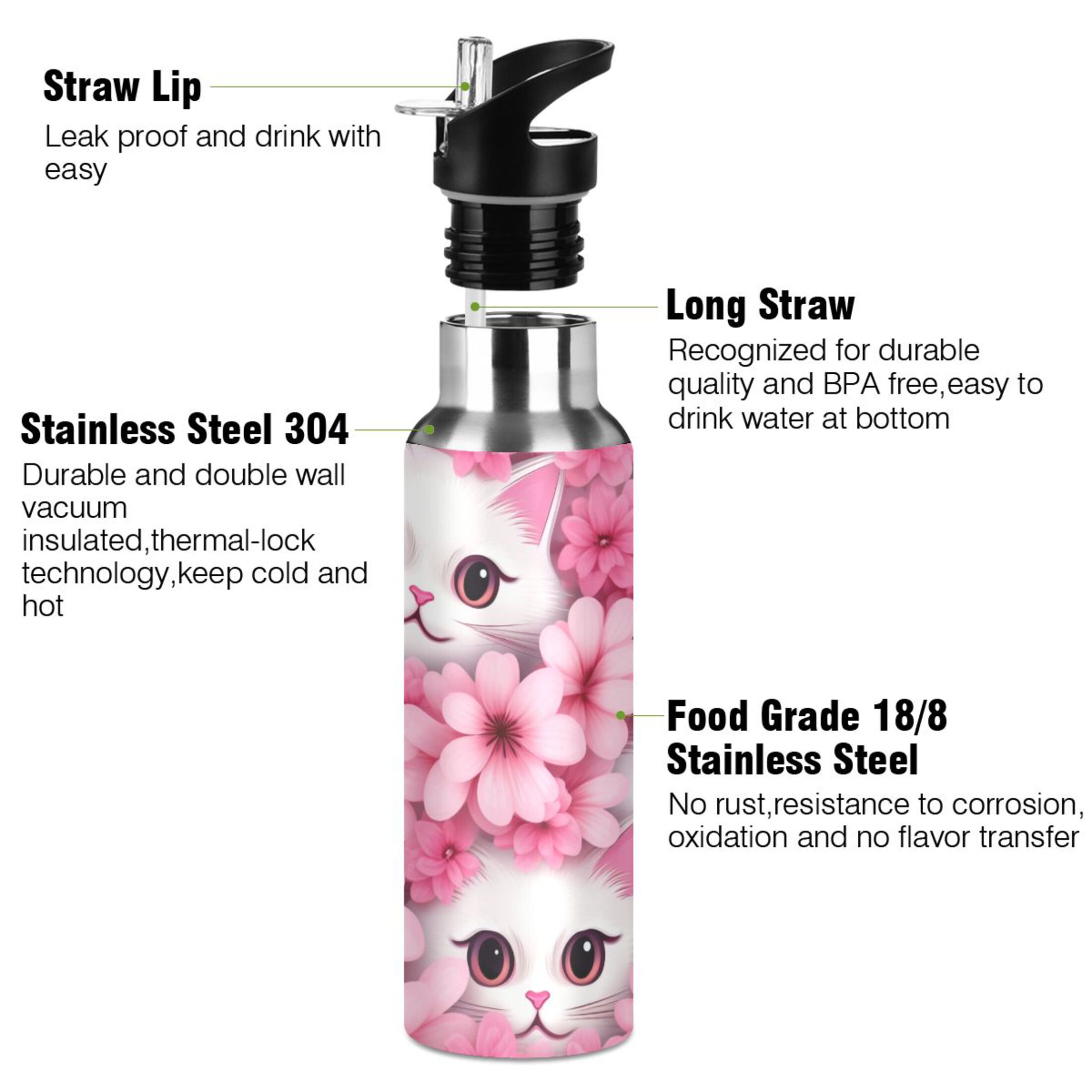 Cat in Flowers Water Bottles Insulated Thermos Kids Stainless Steel Bottle with Straw Lid Flask Leakproof for Sports Gym 20 oz