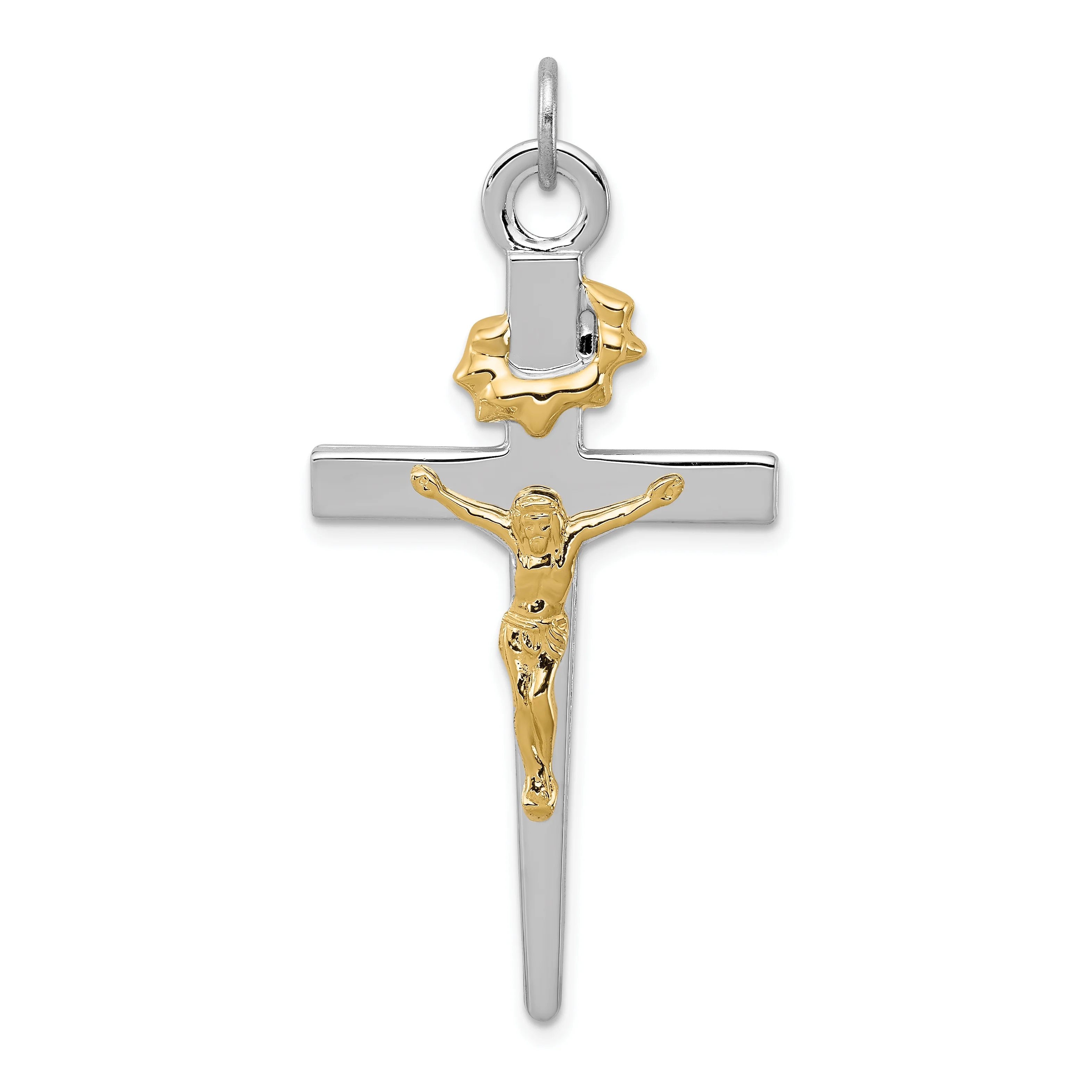 Carat in Karats Sterling Silver Polished Finish Rhodium-Plated 18K Gold Crucifix Charm Pendant (46mm x 23mm) With Sterling Silver Cable Chain Necklace 16''