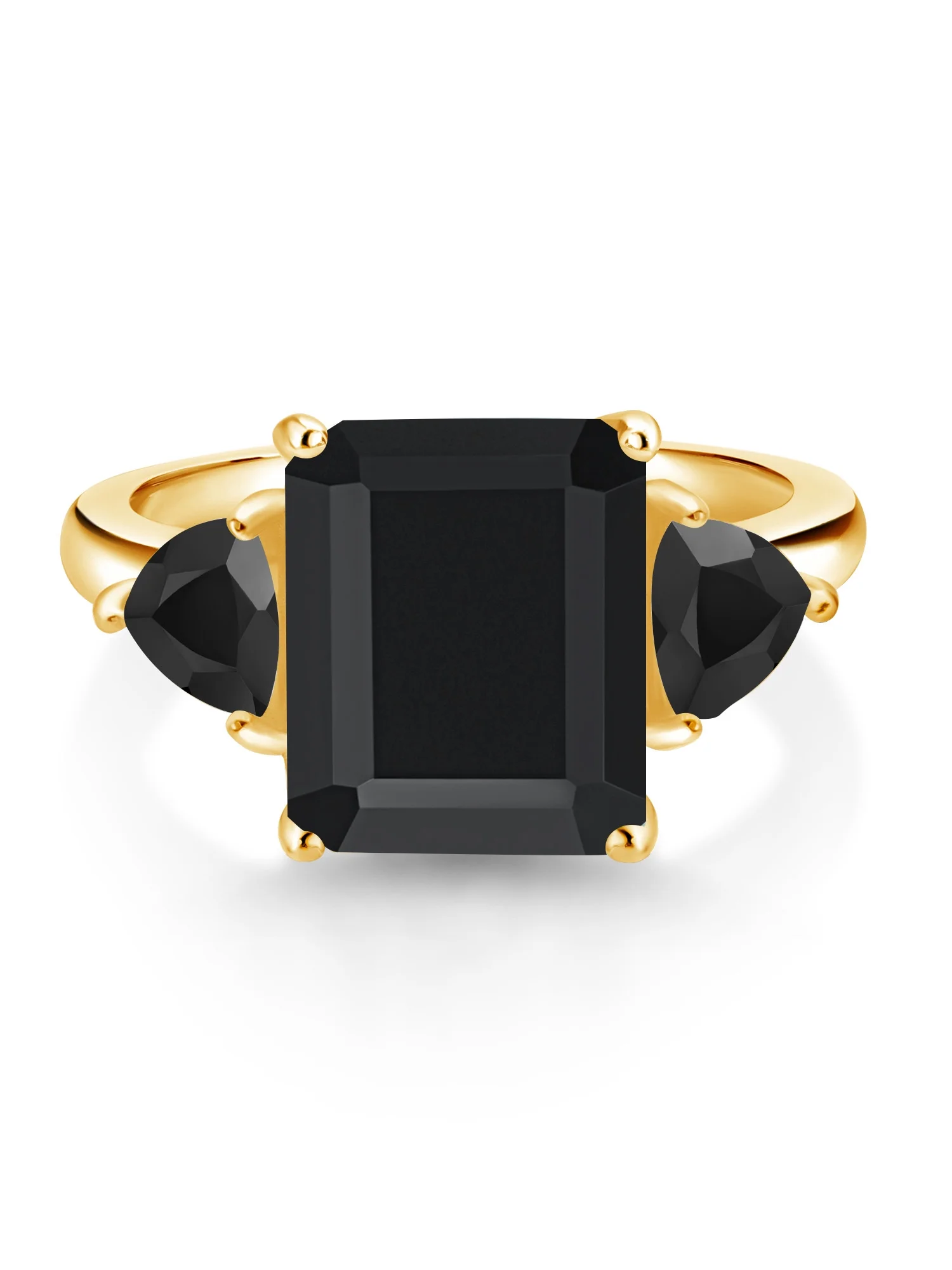 Gem Stone King 18K Yellow Gold Plated Silver Black Onyx 3 Stone Ring For Women (6.49 Cttw, Octagon 12X10MM, Trillion 5X5MM, Gemstone December Birthstone, Size 5)