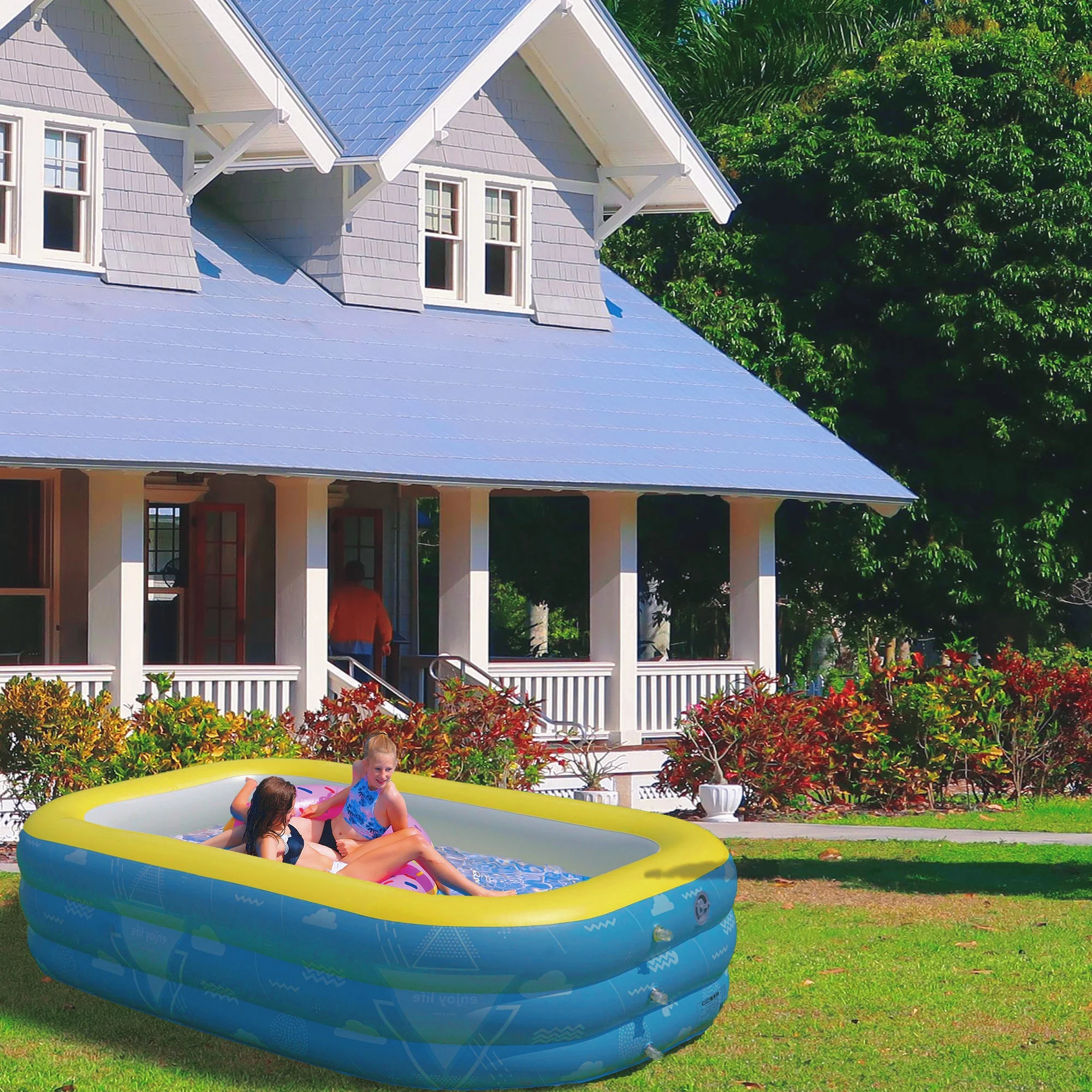 Hyindoor Inflatable Swimming Pool with Pump 9.85×5.74×2.23ft Rectangle Kids, Adults, Family Blue