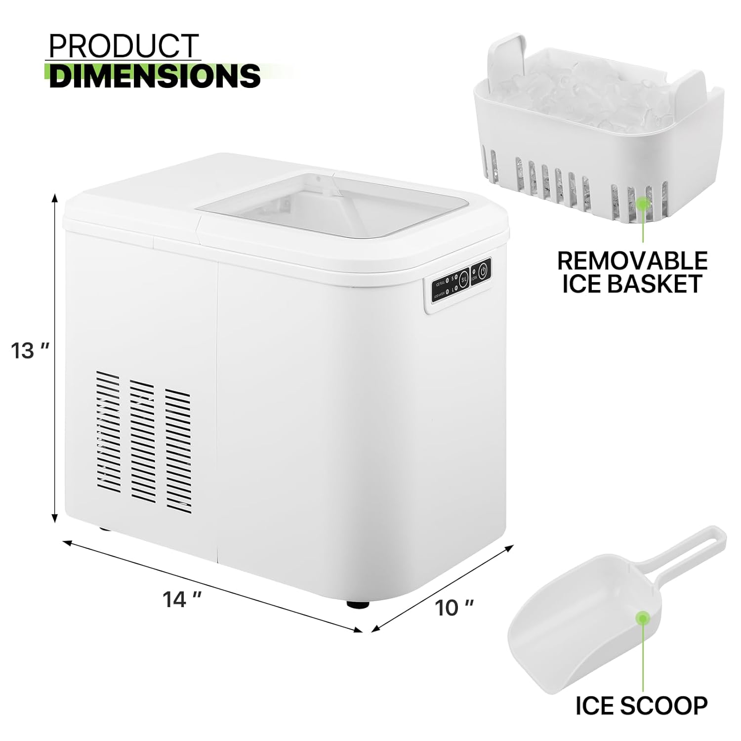Ice Maker Countertop 9 Cubes Ready in 10Mins, 26lbs in 24Hours, 2 Sizes Bullet Shaped Ice, Ice Maker Machine with Ice Scoop and Basket, for Home Kitchen Office Party RV, White
