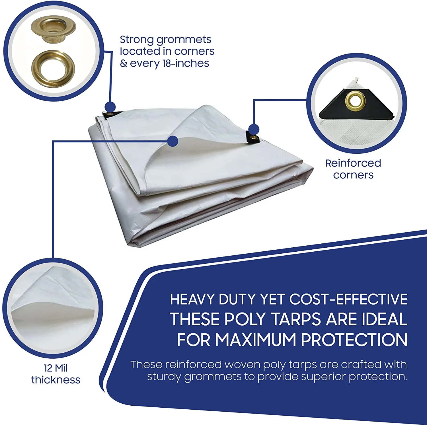 Tarps Now 12 Mil Poly Tarps, Waterproof UV Resistant Tarpaulin - White (6' x 8')