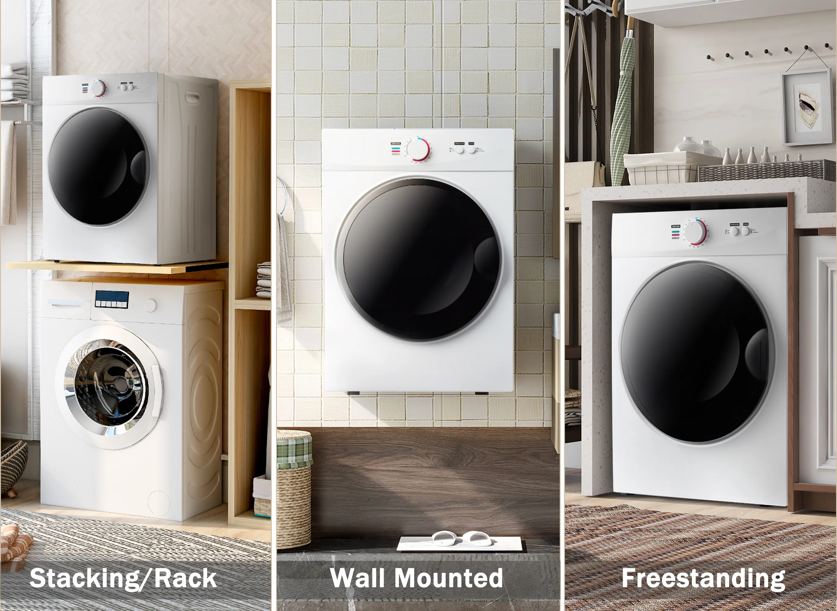 CoSoTower Portable Laundry Dryer With Easy Knob Control For 5 Modes, Stainless Steel Clothes Dryers, For Home, Dorm, Apartment And Rv, Wall Mount Kit Included