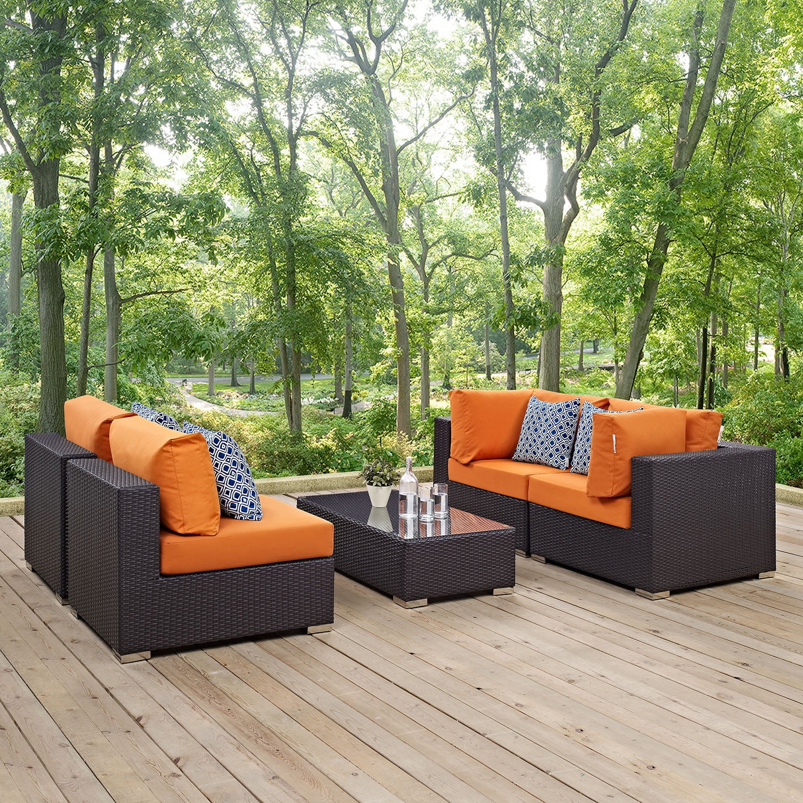 Modway Convene 5 Piece Outdoor Patio Sectional Set in Espresso Orange
