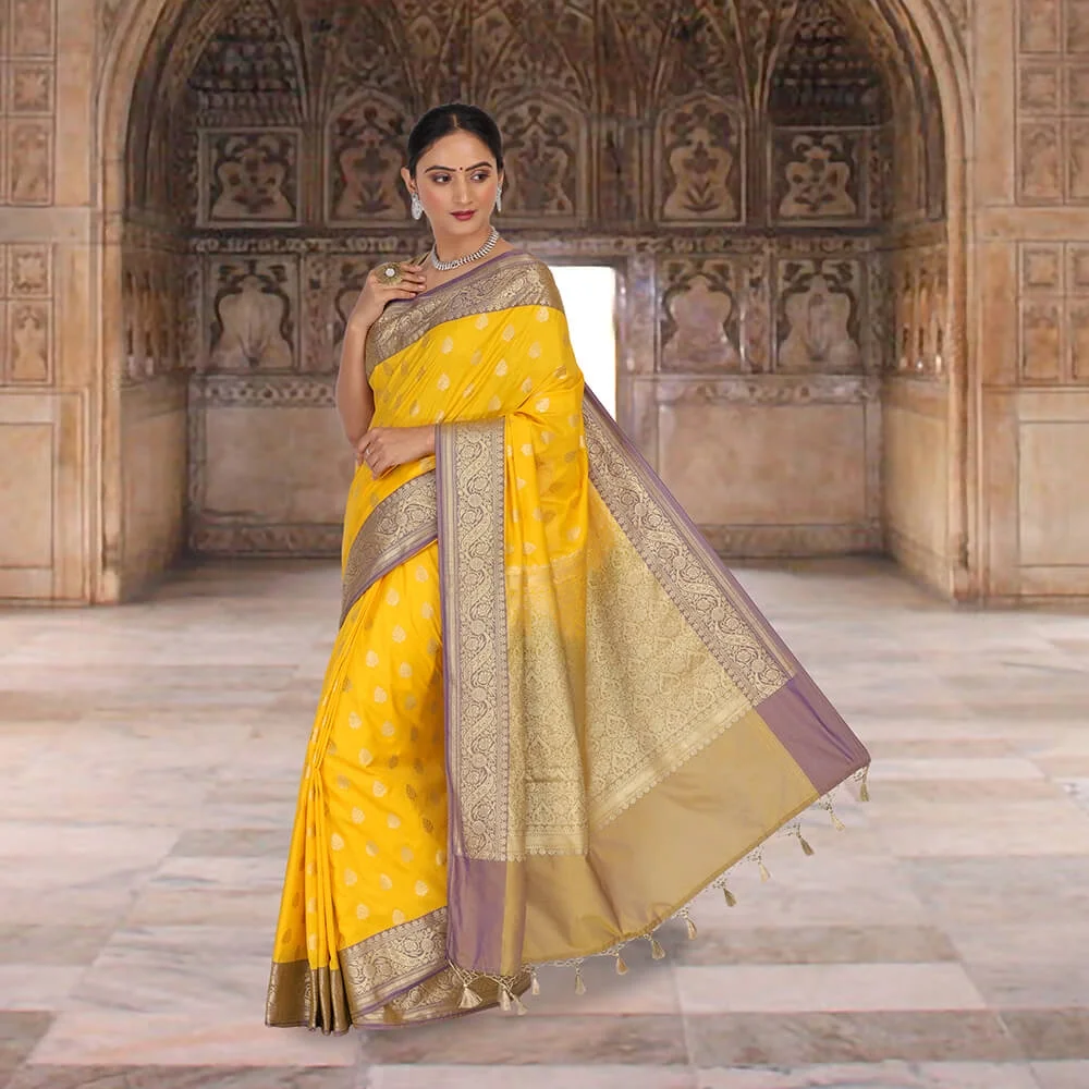 Banarasi katan silk sari - Yellow Size: M, Color: Yellow