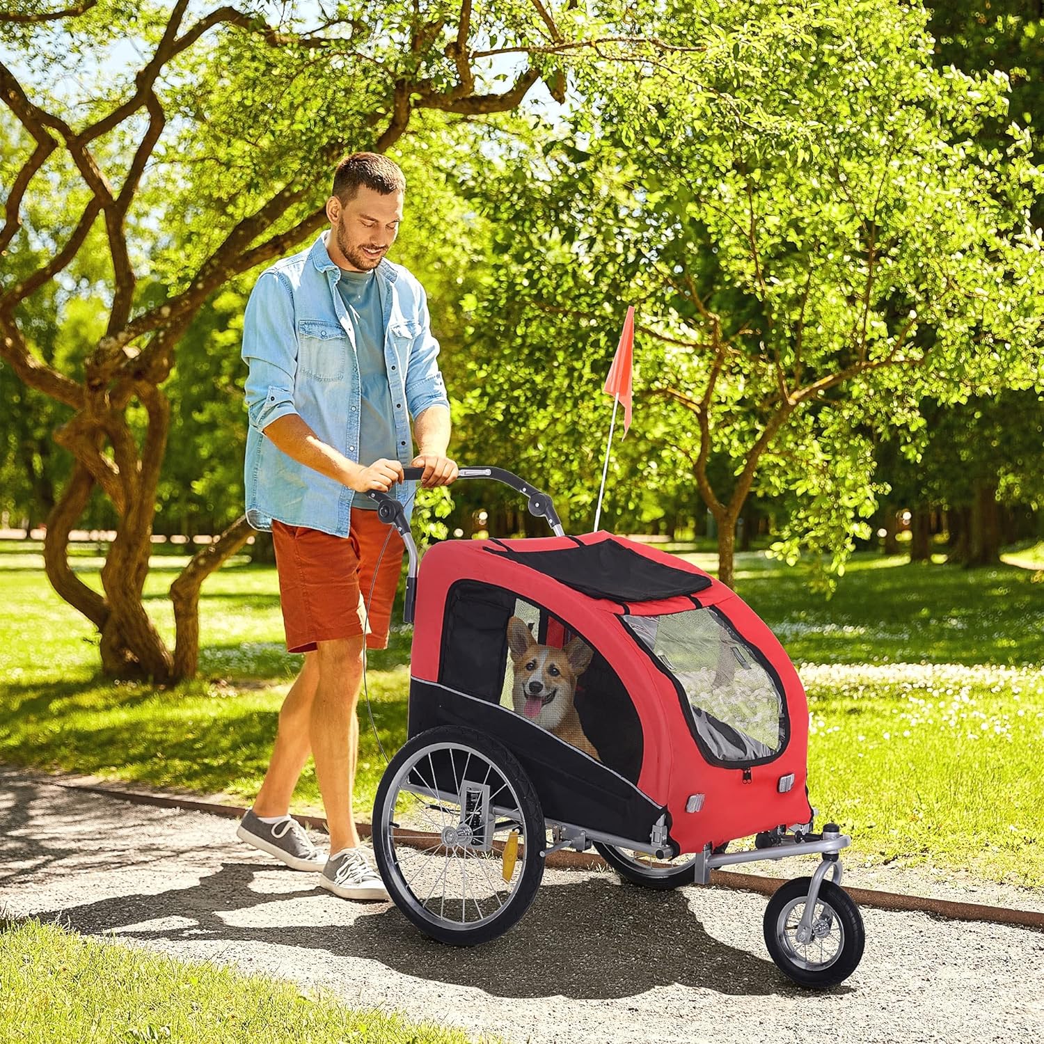 Dog Bike Trailer 2-In-1 Pet Stroller With Canopy And Storage Pockets, Red