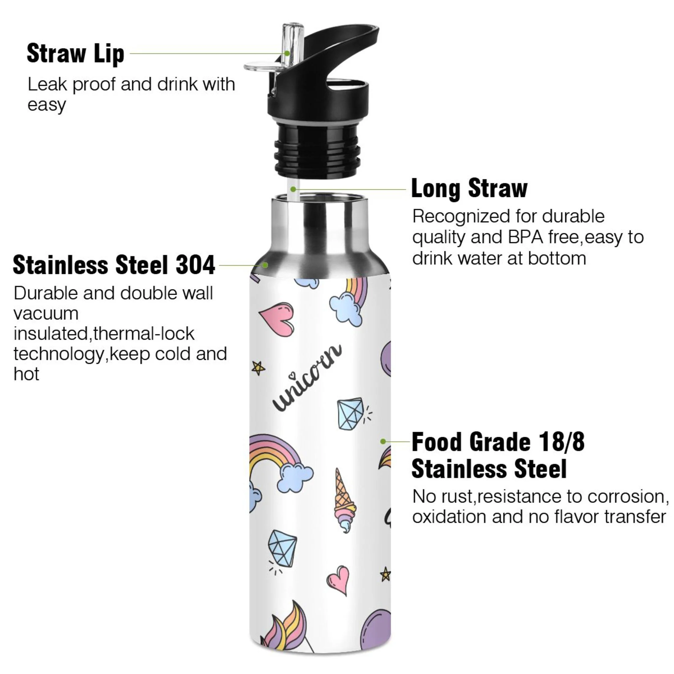 Water Bottle with Straw Lid Leak Unicorn Rainbow Hearts Stainless Steel Insulated Thermos Vacuum Flask for Cold Hot Drinking for Sports Camping Gym Yoga