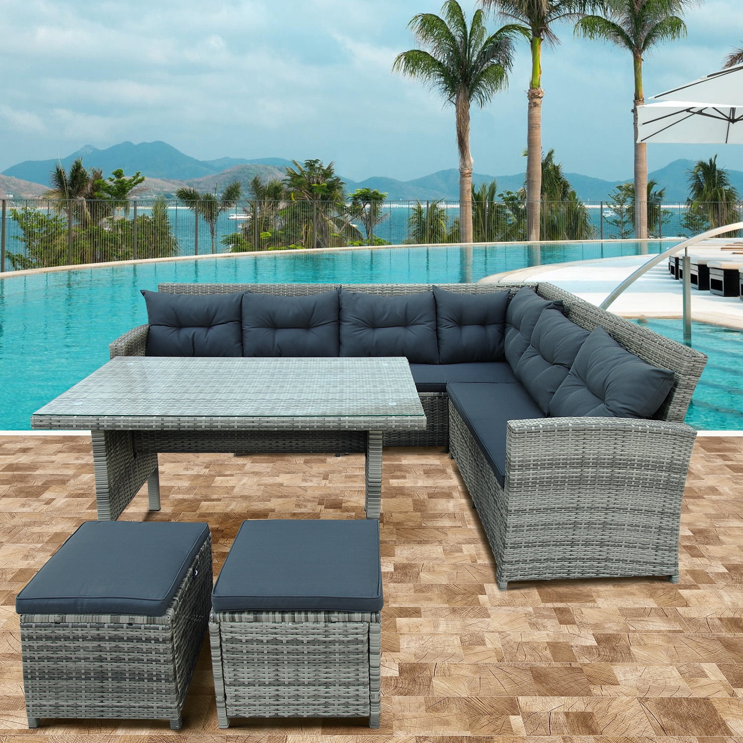 6 Pieces Patio Sofa Set, Seizeen Outdoor PE Rattan Patio Furniture Set with Table Ottomans Cushions, Patio Sectional Conversation Set for Garden Deck Backyard, Gray