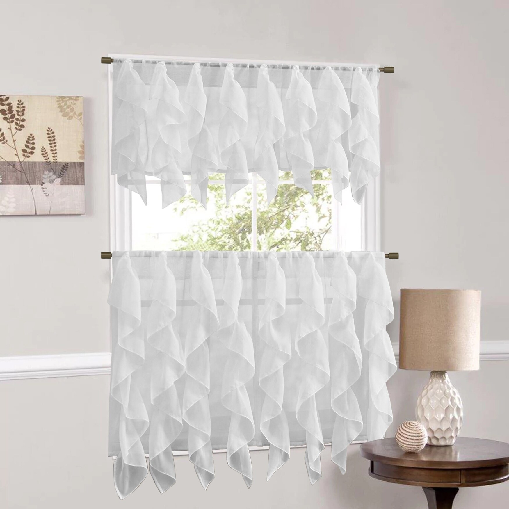 Sweet Home Collection  White Vertical Ruffled Waterfall Valances and Curtain Tiers 24