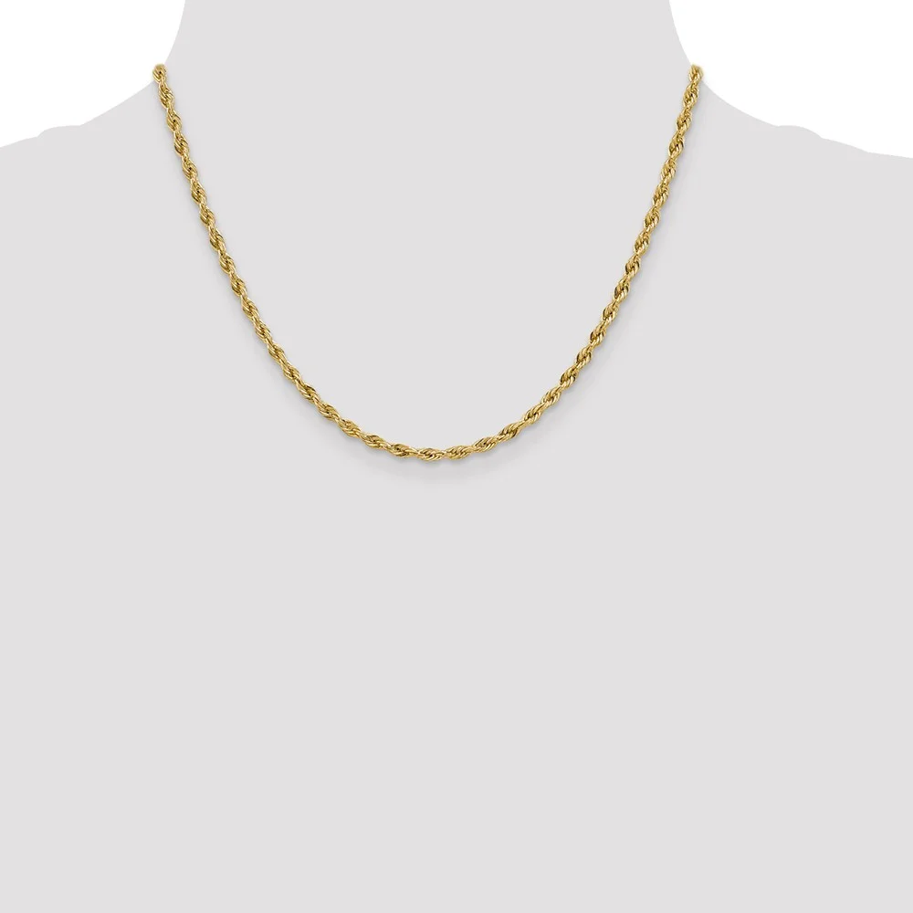 Real 14kt Yellow Gold 3.0mm Semi-Solid Rope Chain; 18 inch; Lobster Clasp; for Adults and Teens; for Women and Men