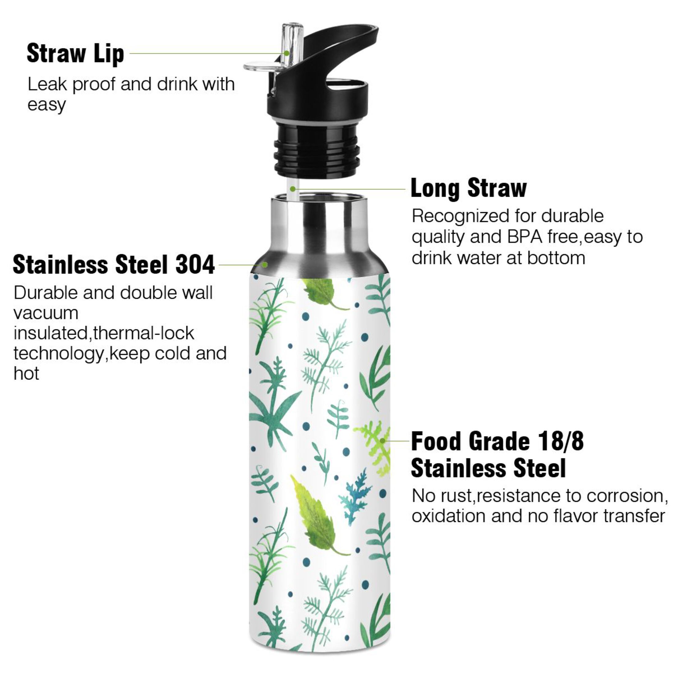 Summer Leaves Green Water Bottles Insulated Thermos Kids Stainless Steel Bottle with Straw Lid Flask Leakproof for Sports Gym 20 oz