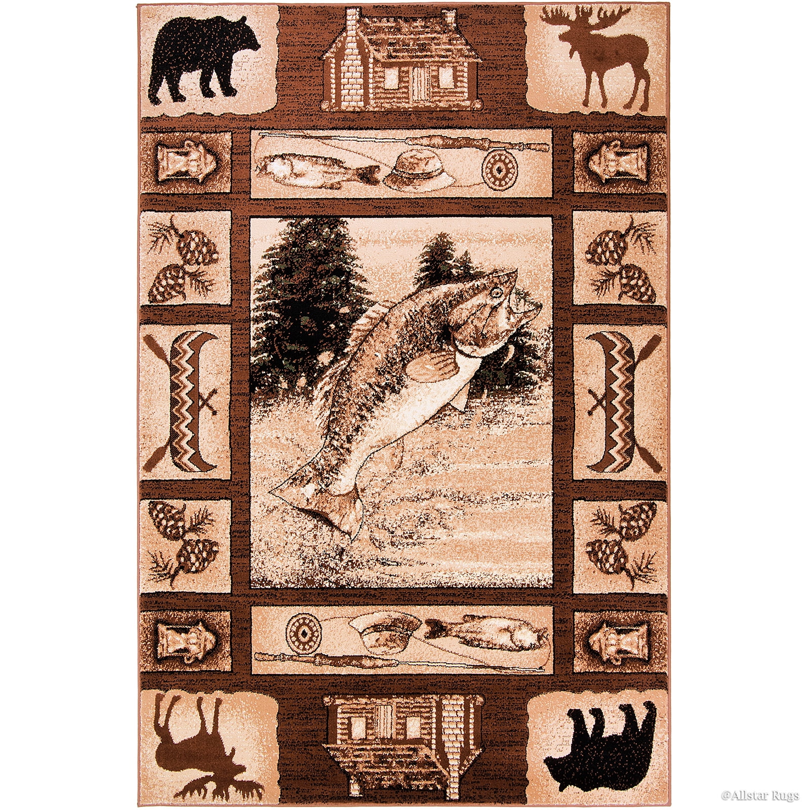 Brown Prints Fish Acorns Bear Cabin Moose Wildlife Area Rug (3' 9