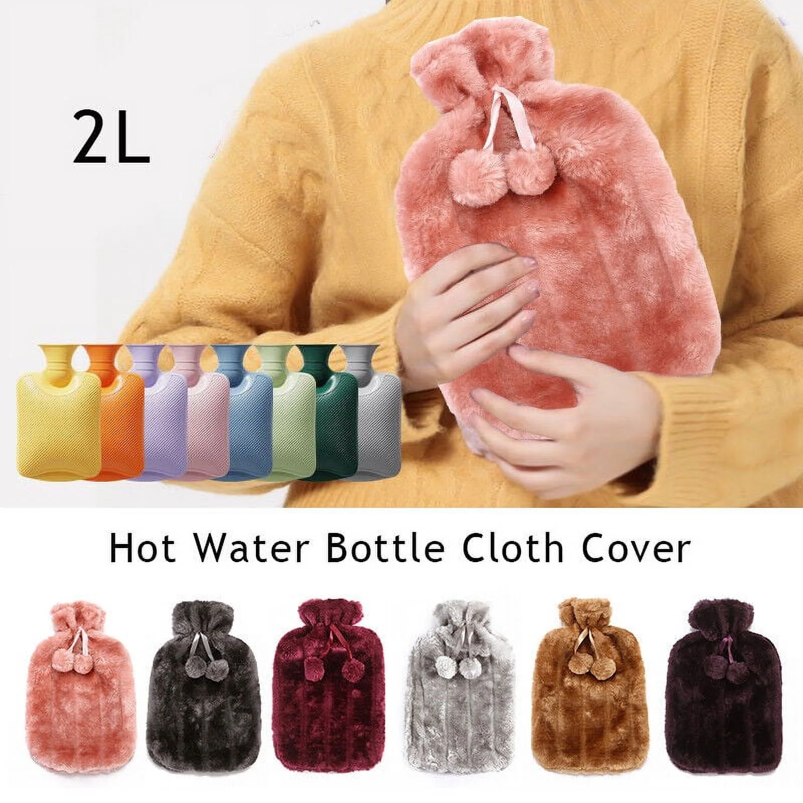 Hot Water Bottle Cover Warm Winter Natural Faux Fur Fluffy Pompom Cover Skin 2L