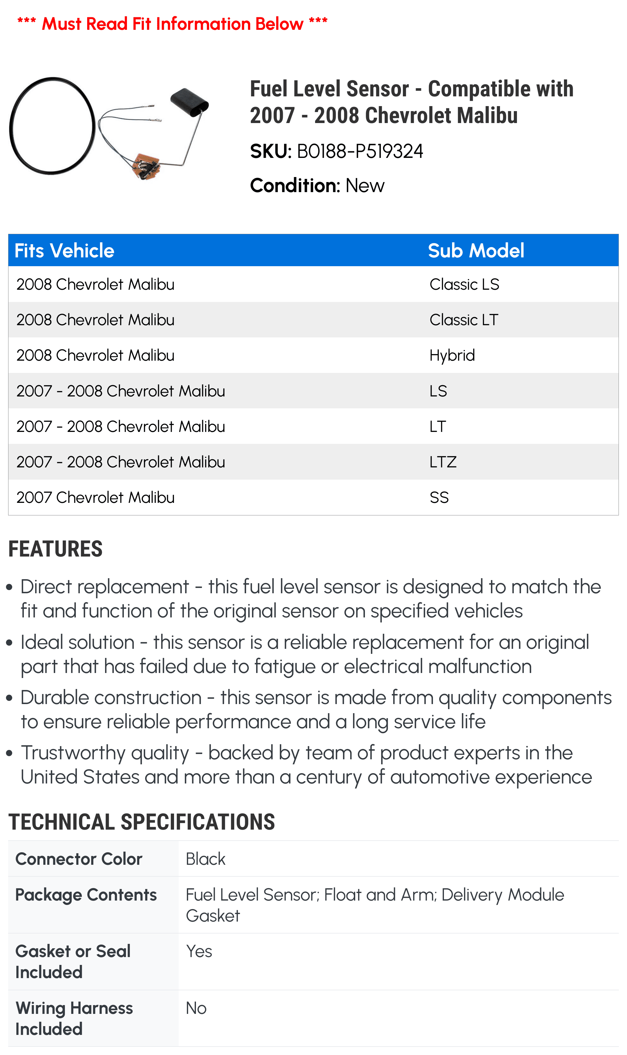 Fuel Level Sensor - Compatible with 2007 - 2008 Chevy Malibu
