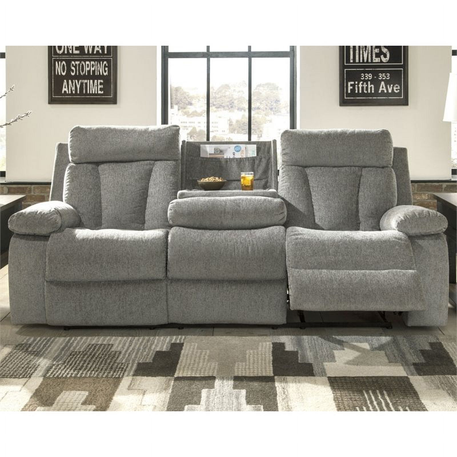 Bowery Hill Contemporary Fabric Gray Reclining Sofa with Drop Down Table