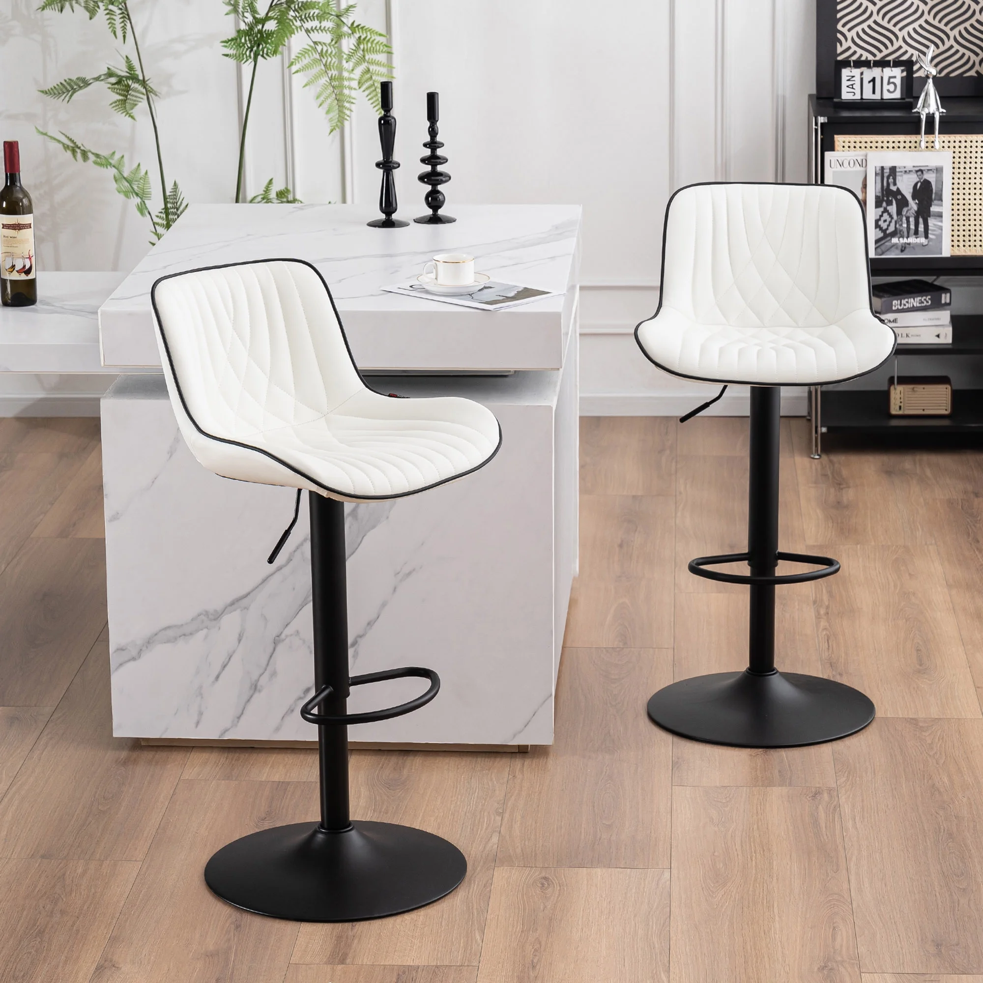 YOUNUOKE Swivel Bar Stools Upholstered PU Counter Stool With Height Adjustable Base Set of 2, White