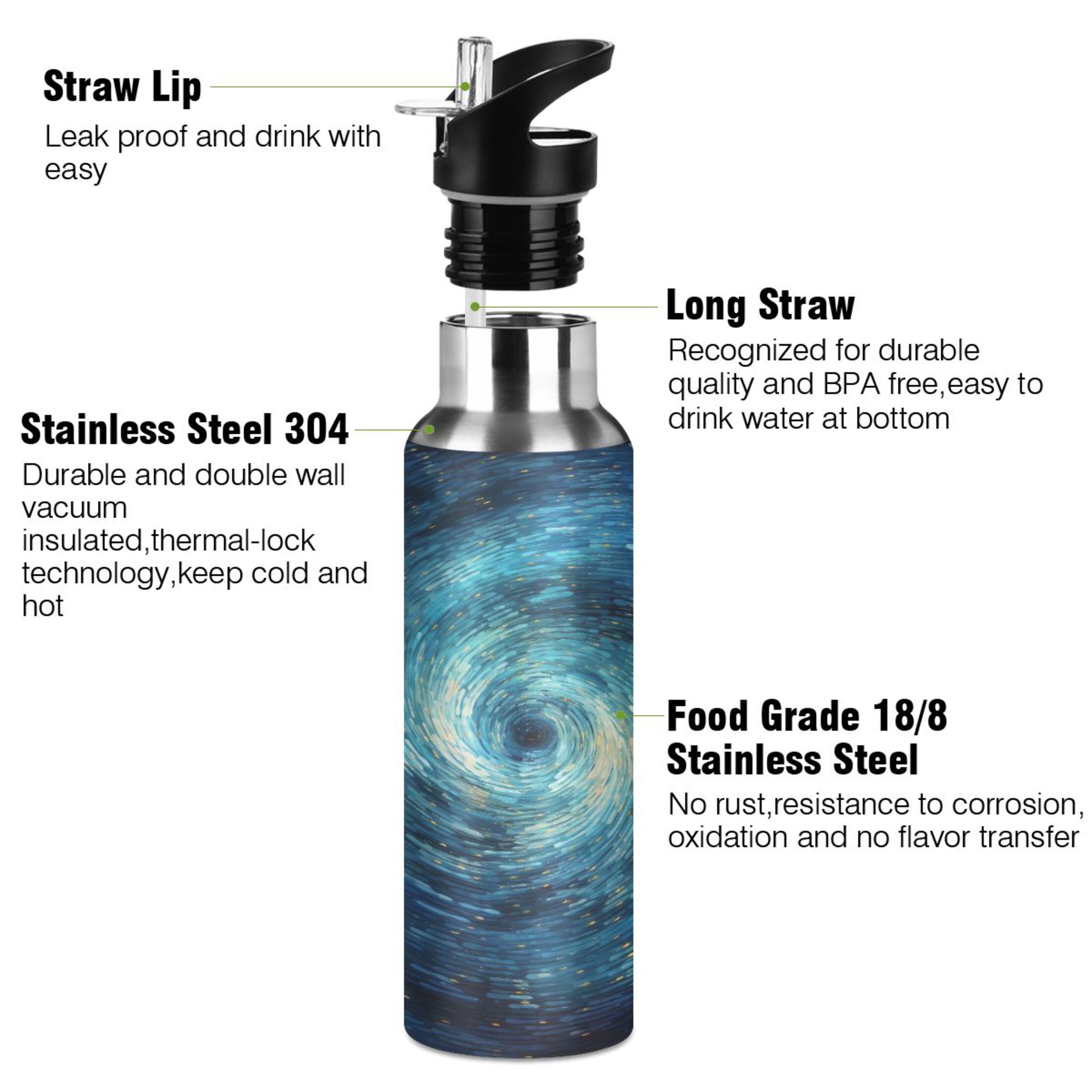 Water Bottle with Straw Lid Leak Sky Space Night Stainless Steel Insulated Thermos Vacuum Flask for Cold Hot Drinking for Sports Camping Gym Yoga
