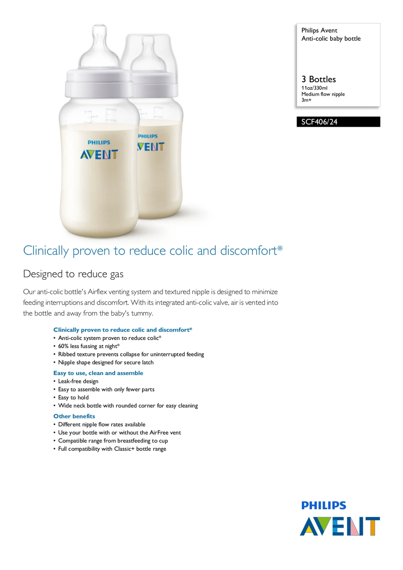 Philips Avent Anti-colic Baby Bottle, 11oz, 2pk, Clear, SCF406/24/3