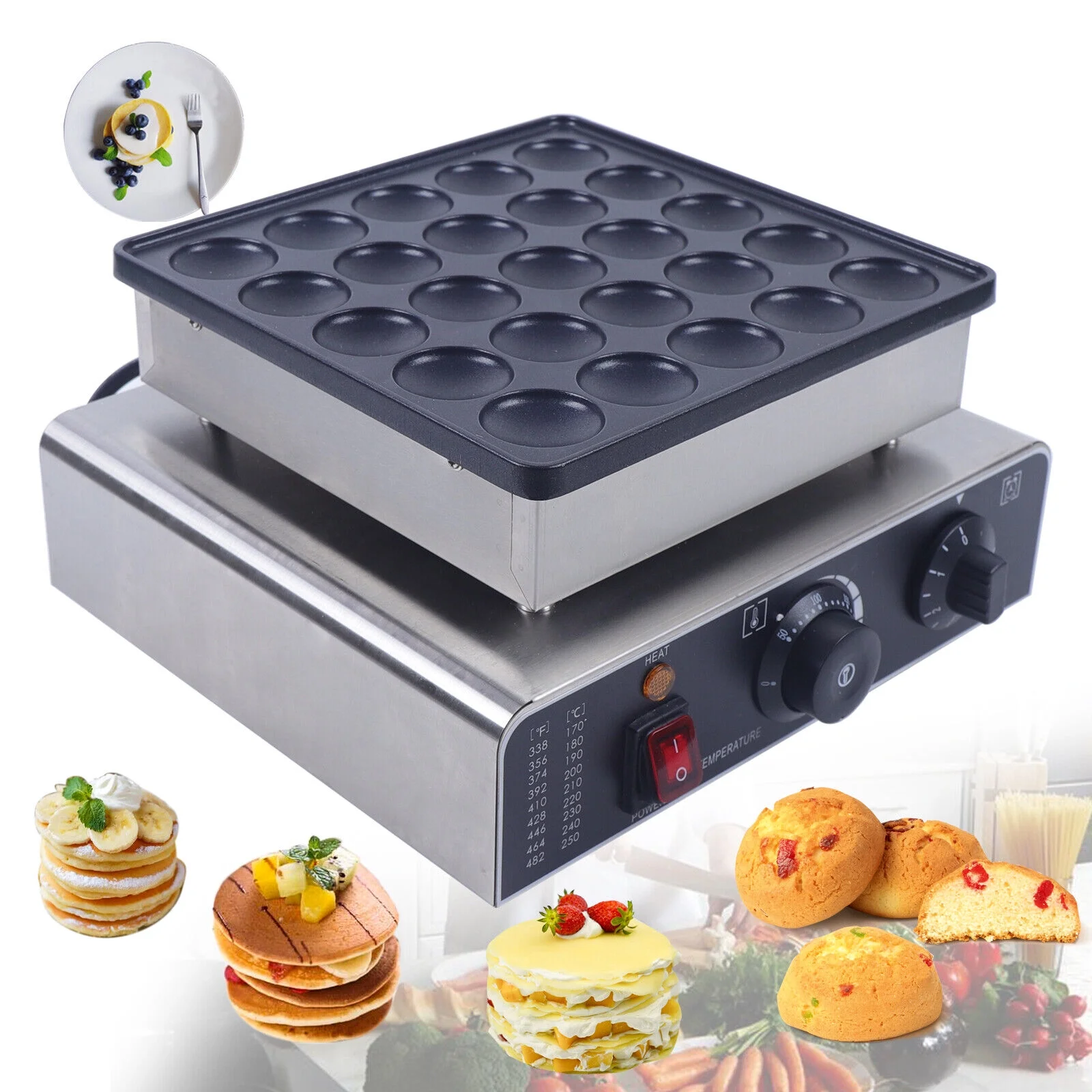 Oukaning 25 Holes Electric Dutch Pancake Maker Baker Machine Nonstick Waffle Maker 800W